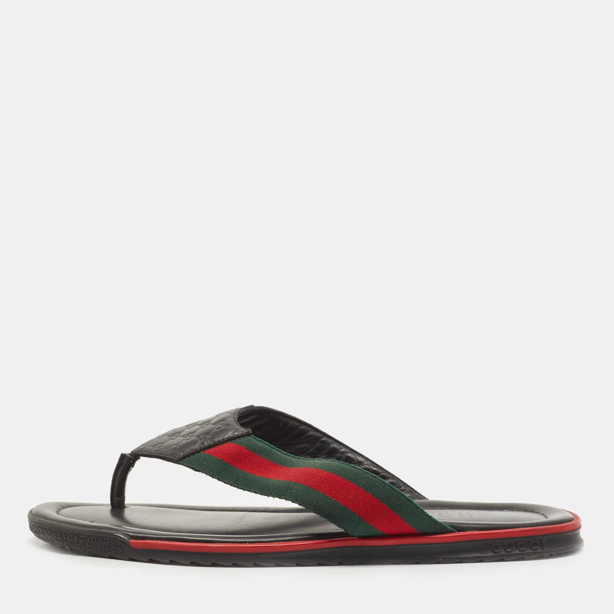 Gucci Black Leather Web Thong Sandals Size 41.5