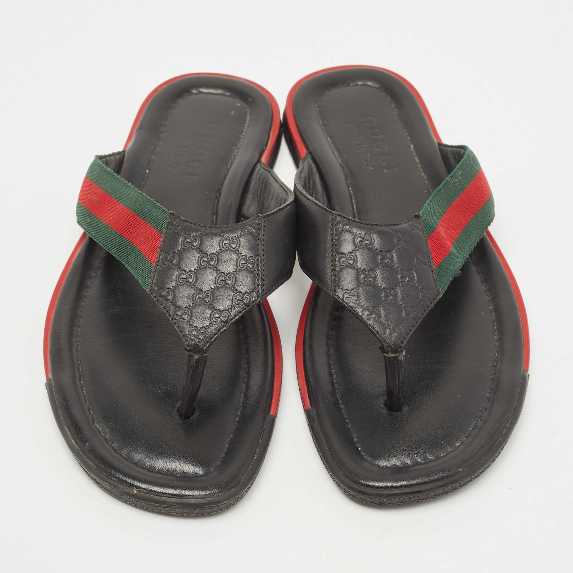 Gucci Black Leather Web Thong Sandals Size 41.5