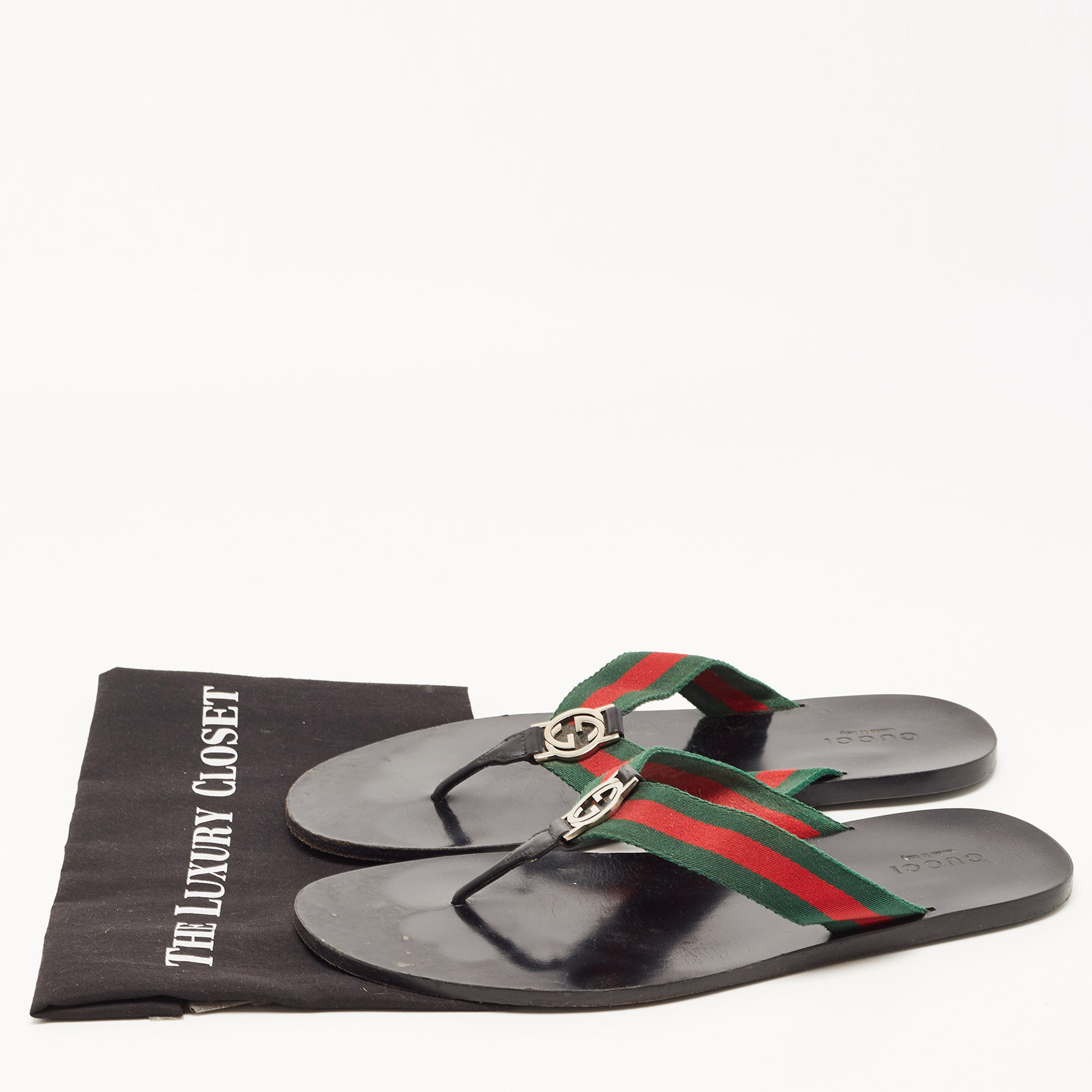 Gucci Tricolor Leather And Canvas Web Interlocking G Thong Slides Size 47