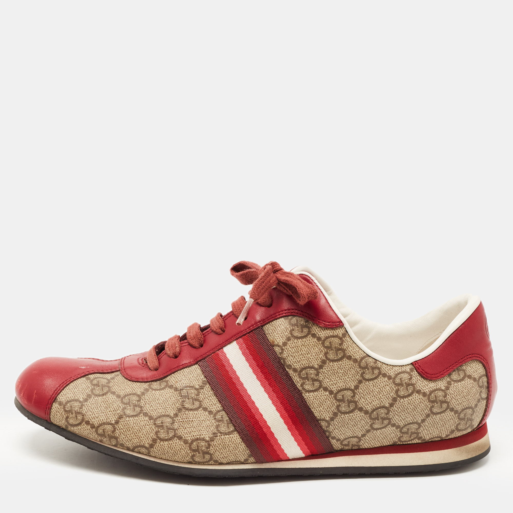 Gucci Red/Beige GG Canvas And Leather Web Low Top Sneakers Size 39