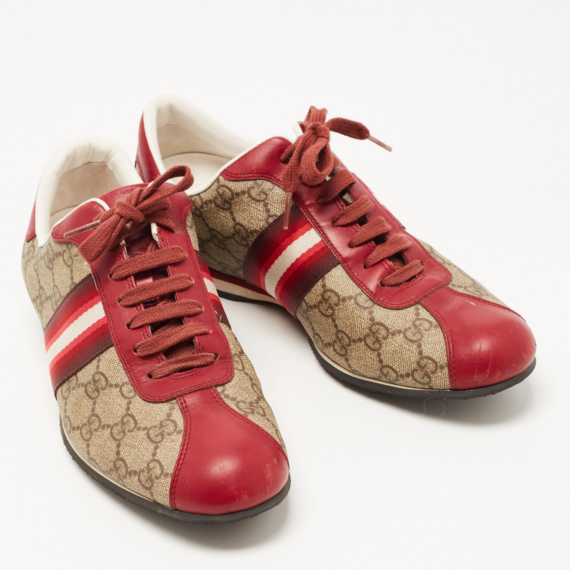 Gucci Red/Beige GG Canvas And Leather Web Low Top Sneakers Size 39