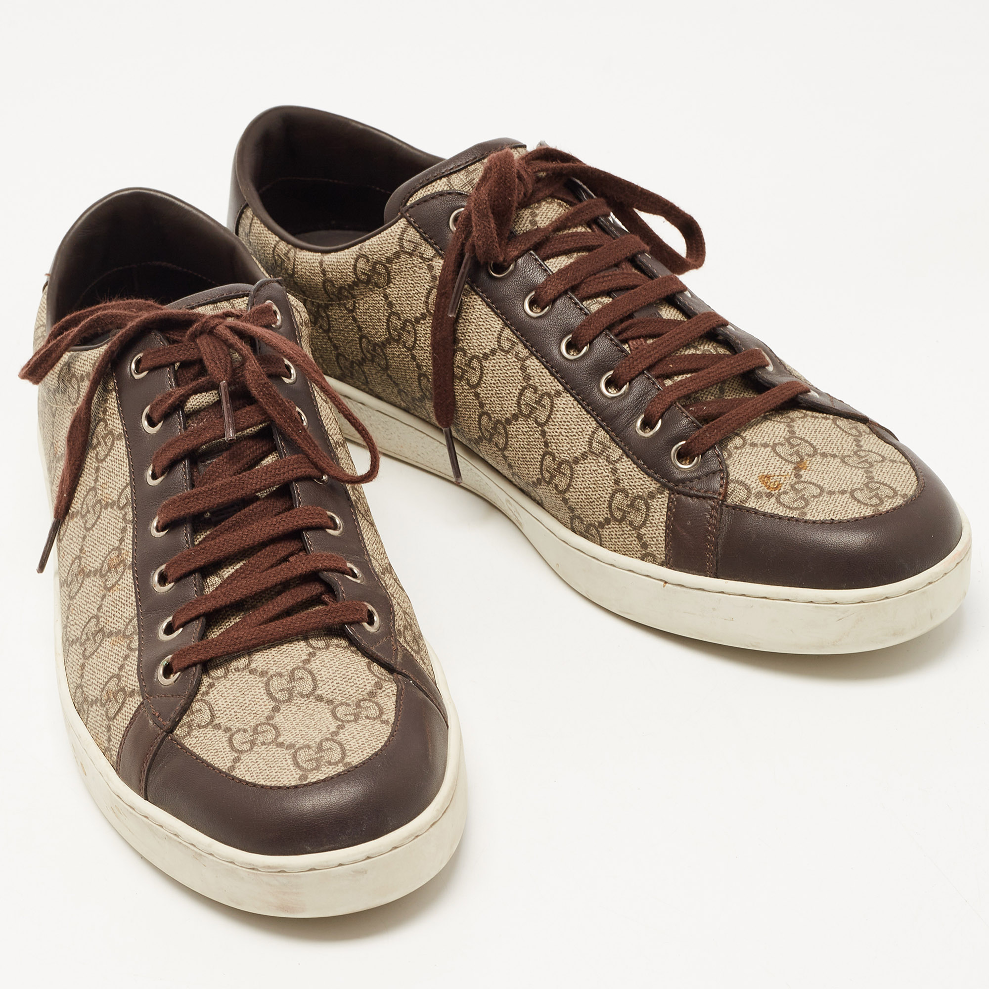 Gucci Beige/Brown GG Supreme Canvas And Leather Low Top Sneakers Size 46
