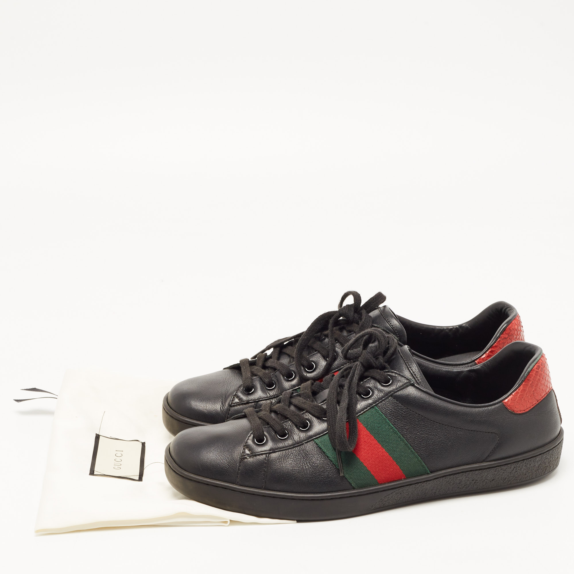 Gucci Black Leather Ace Web Low Top Sneakers Size 42