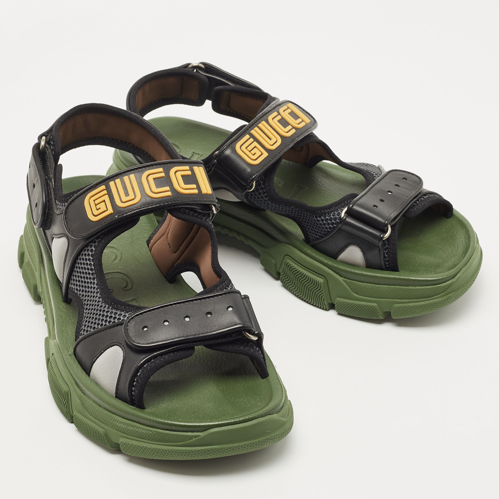 Gucci Black/Green Leather And Mesh Sega Sandals Size 44