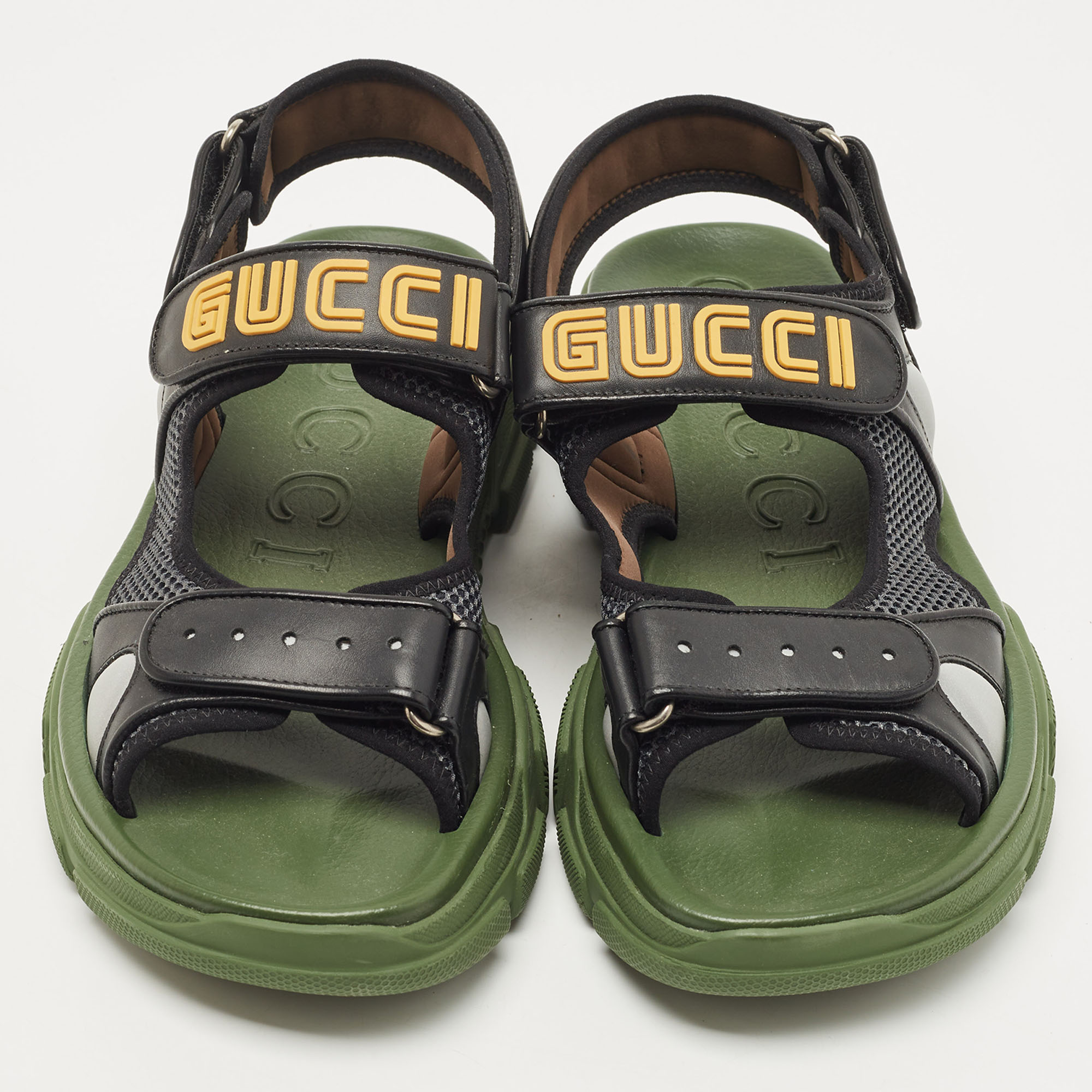 Gucci Black/Green Leather And Mesh Sega Sandals Size 44