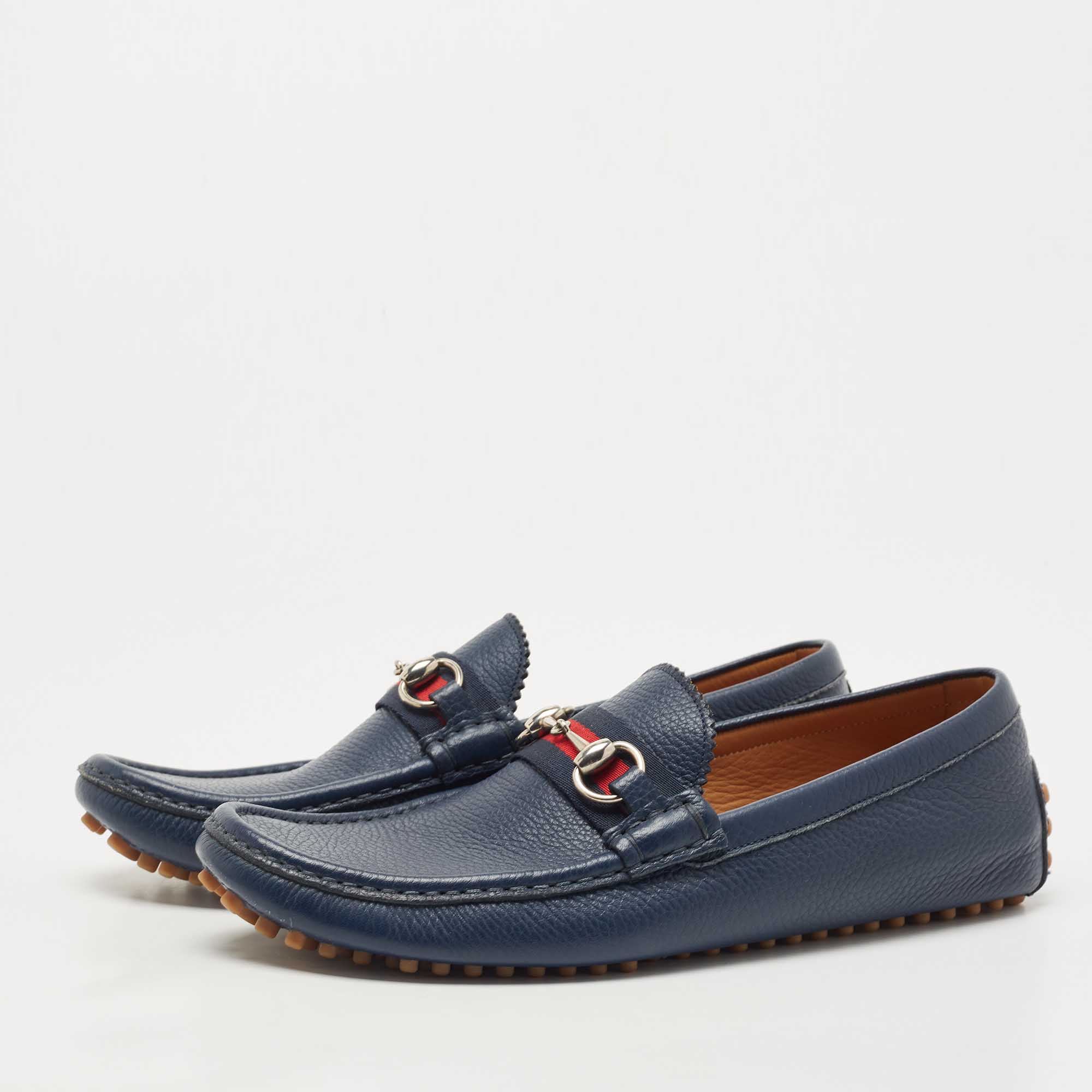 

Gucci Blue Leather Web Horsebit Loafers Size, Navy blue
