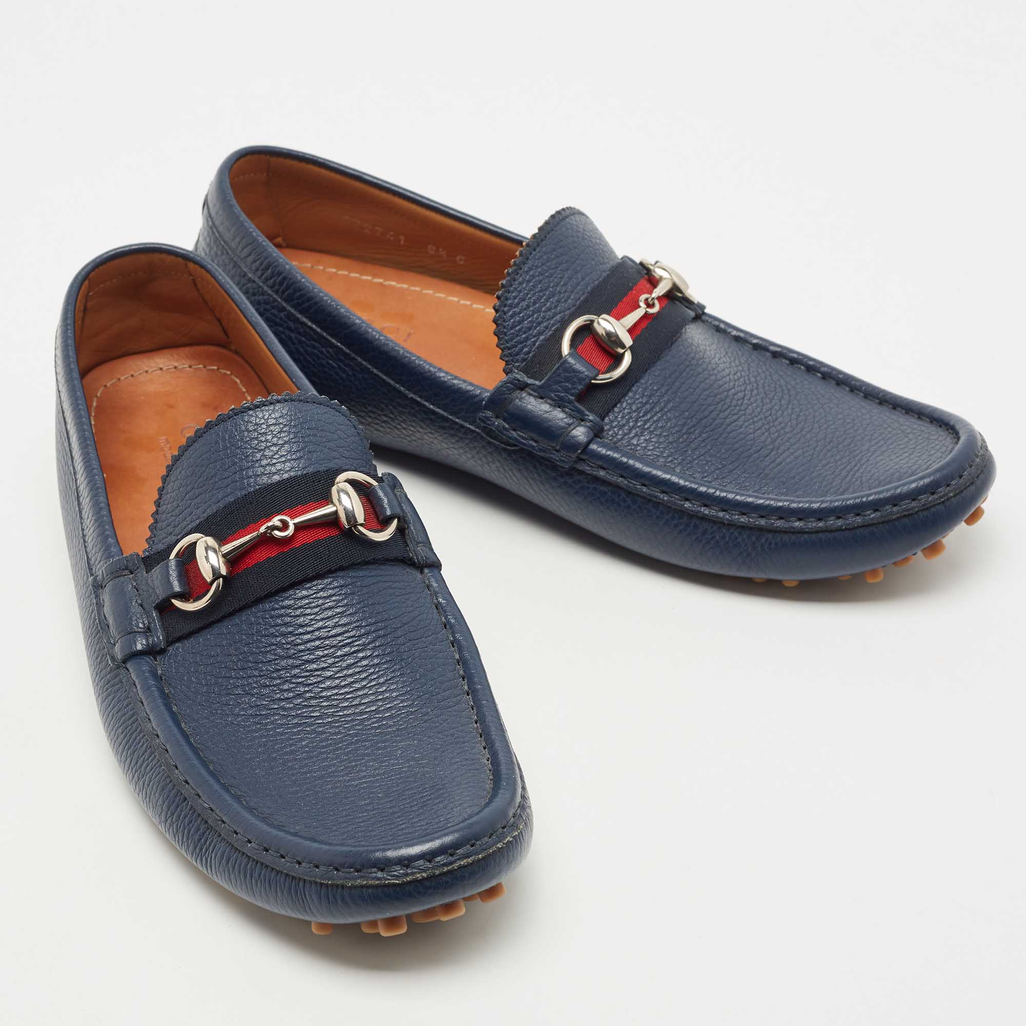 Gucci Blue Leather Web Horsebit Loafers Size 42.5