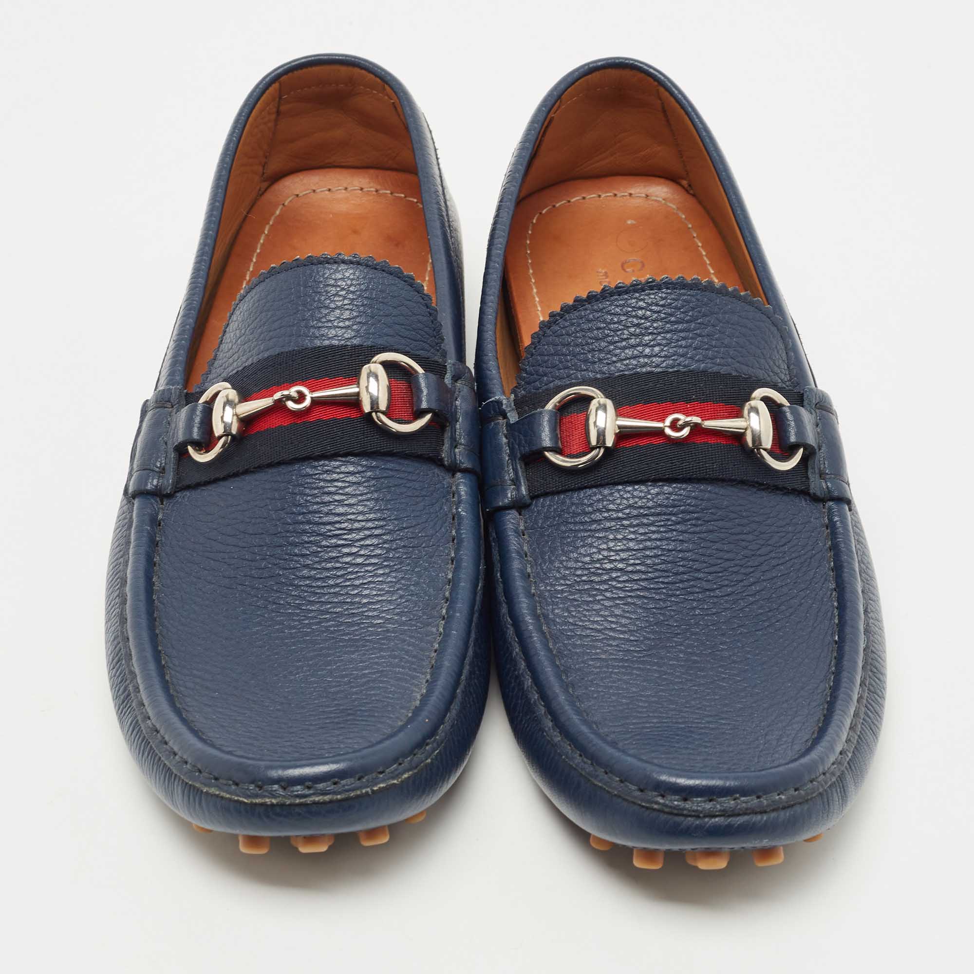 Gucci Blue Leather Web Horsebit Loafers Size 42.5