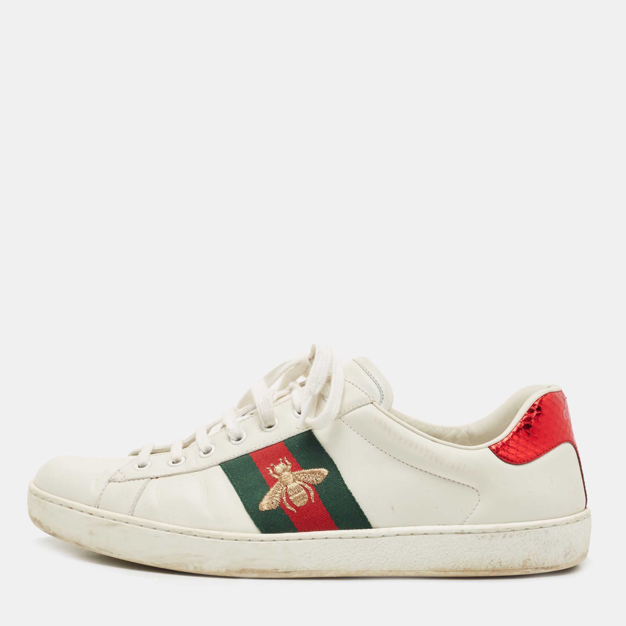 Gucci White Leather Embroidered Bee Ace Sneakers Size 45