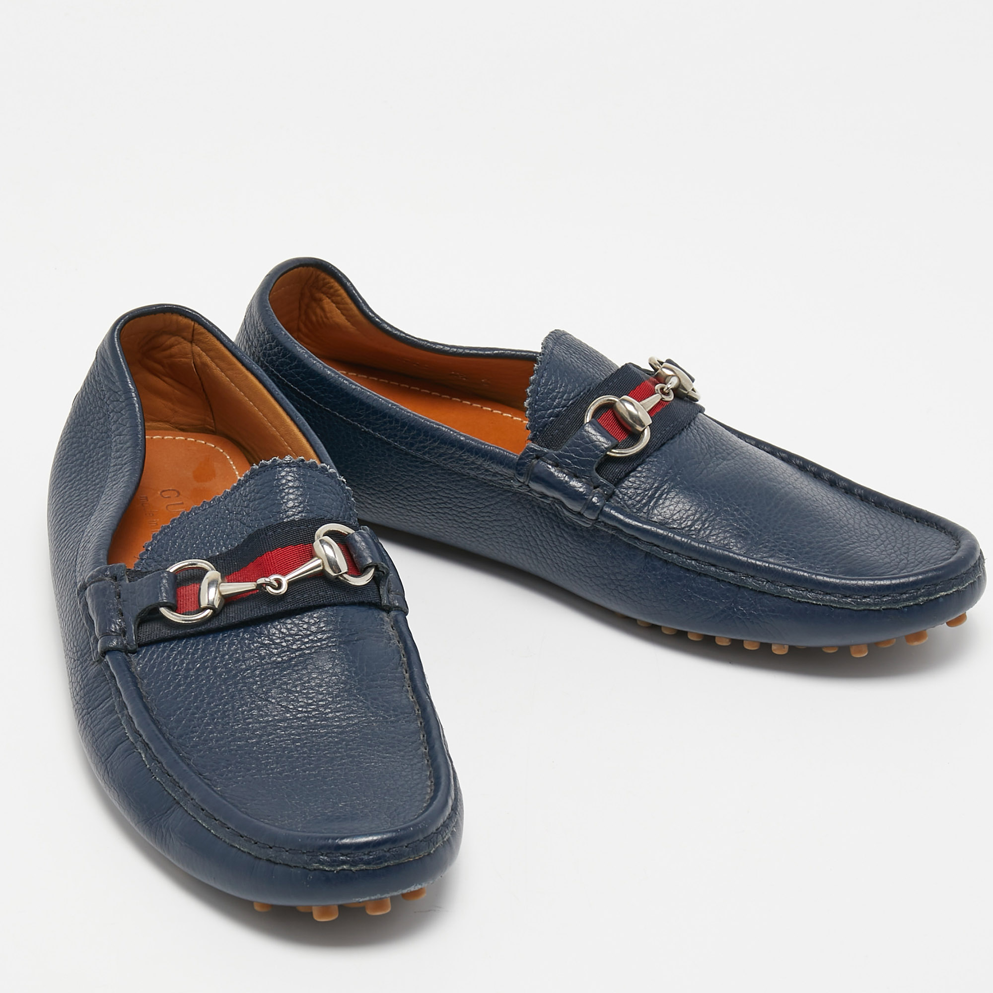 Gucci Navy Blue Leather Horsebit Slip On Loafers Size 42.5