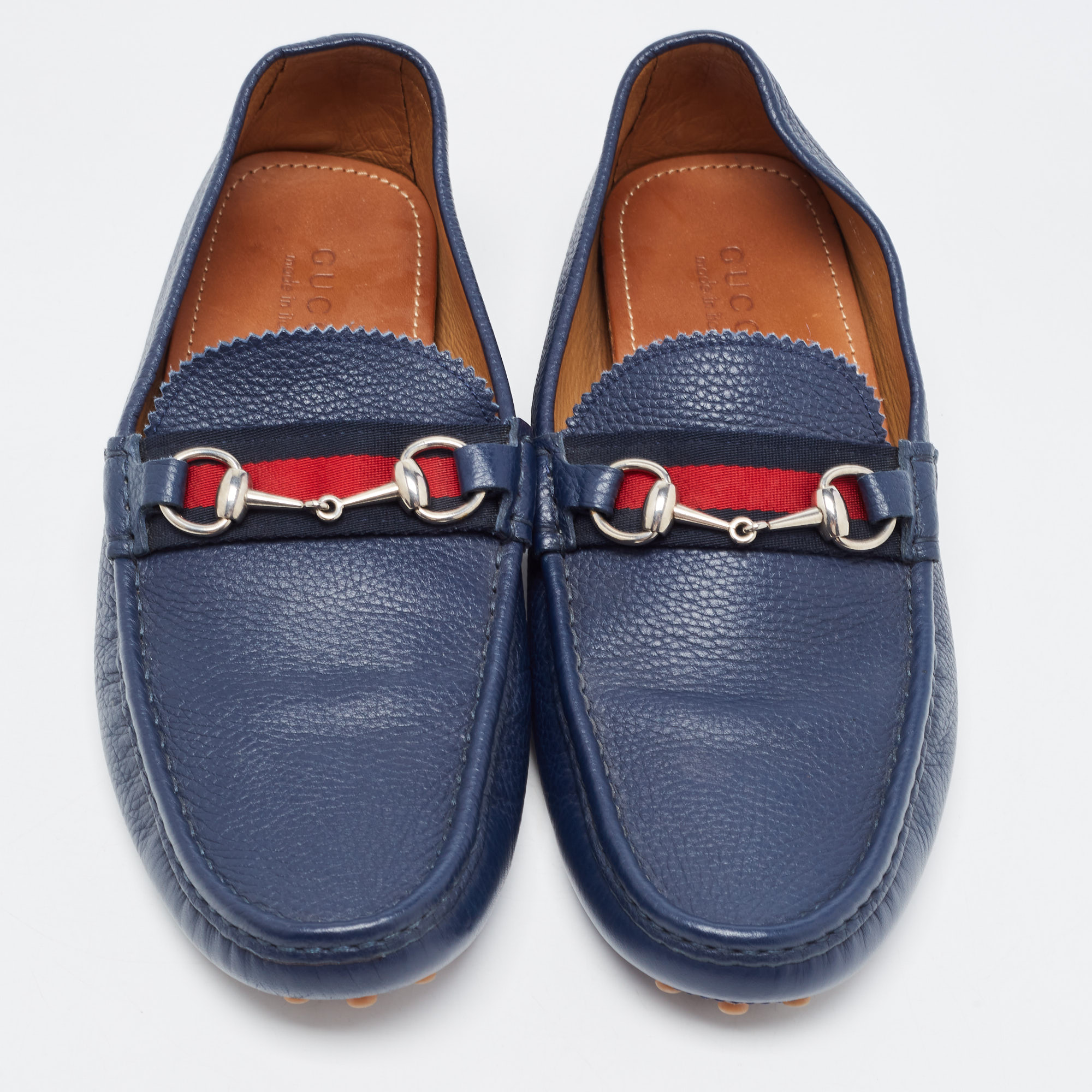 Gucci Blue Leather Web Horsebit Detail Slip On Loafers Size 44
