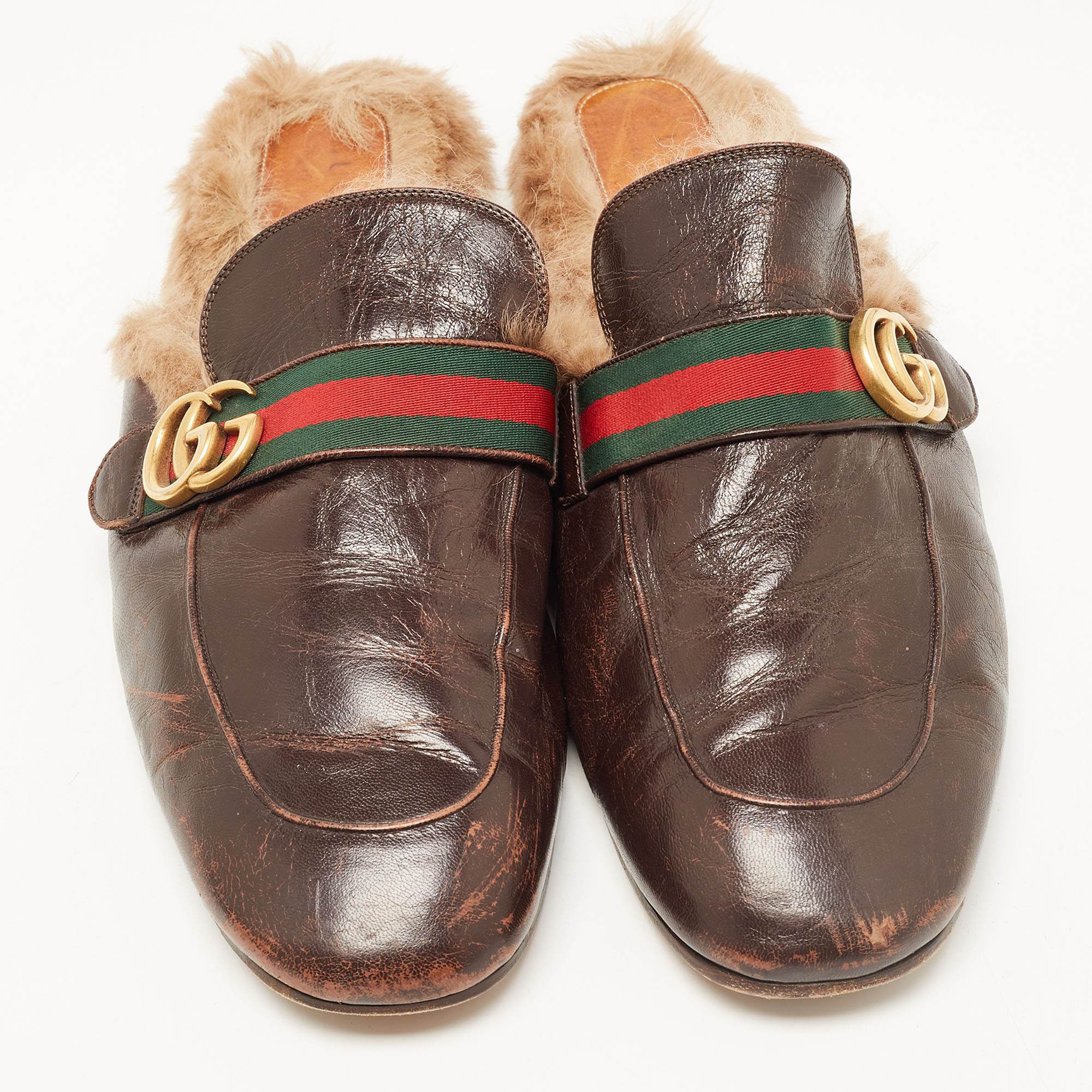 Gucci Dark Brown Leather And Fur Princetown Mules Size 48