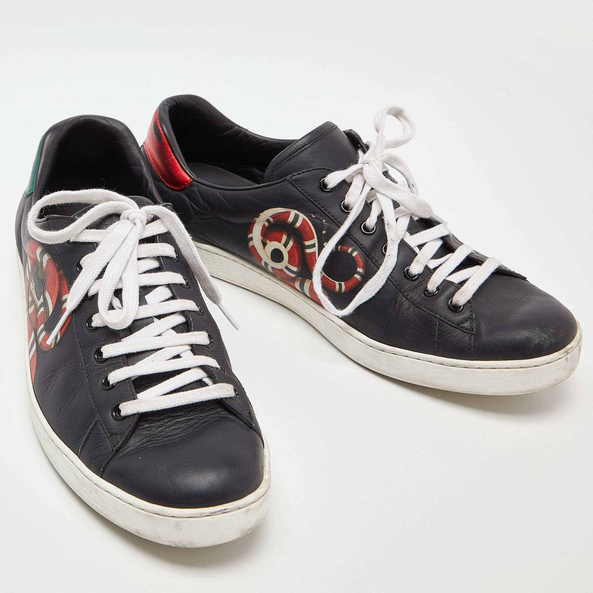 Gucci Black Leather Snake Print Ace Sneakers Size 44