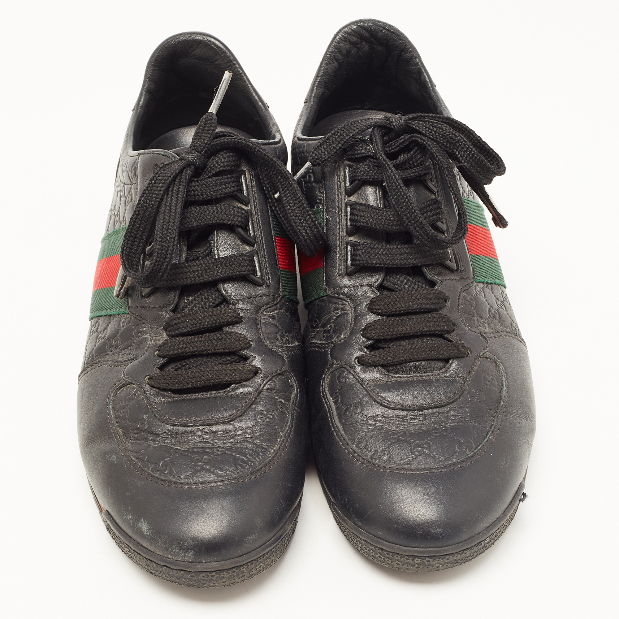 Gucci Black Microguccissima Leather Web Low Top Sneakers Size 40.5