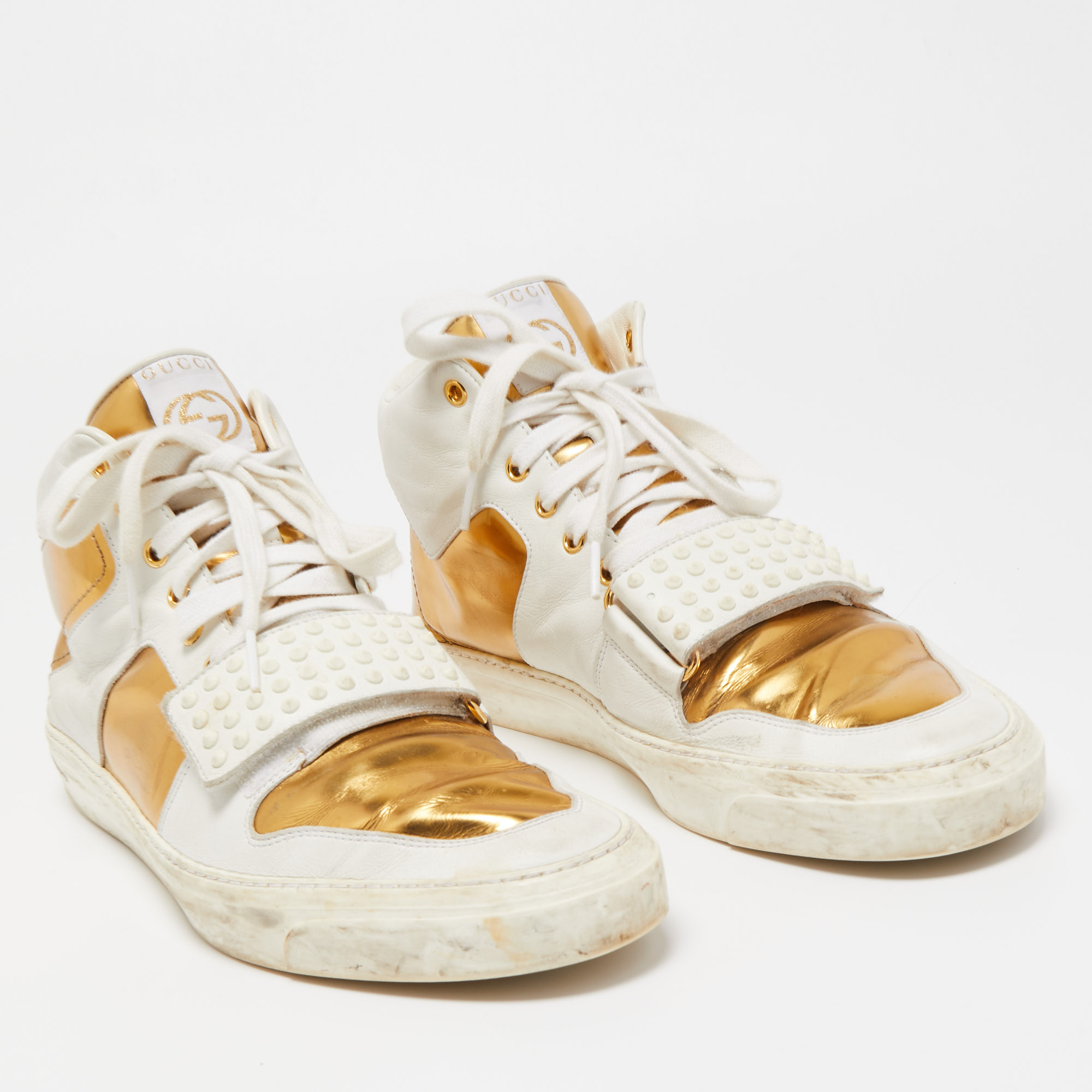 Gucci White/Gold Leather Lace Up High Top Sneakers Size 44
