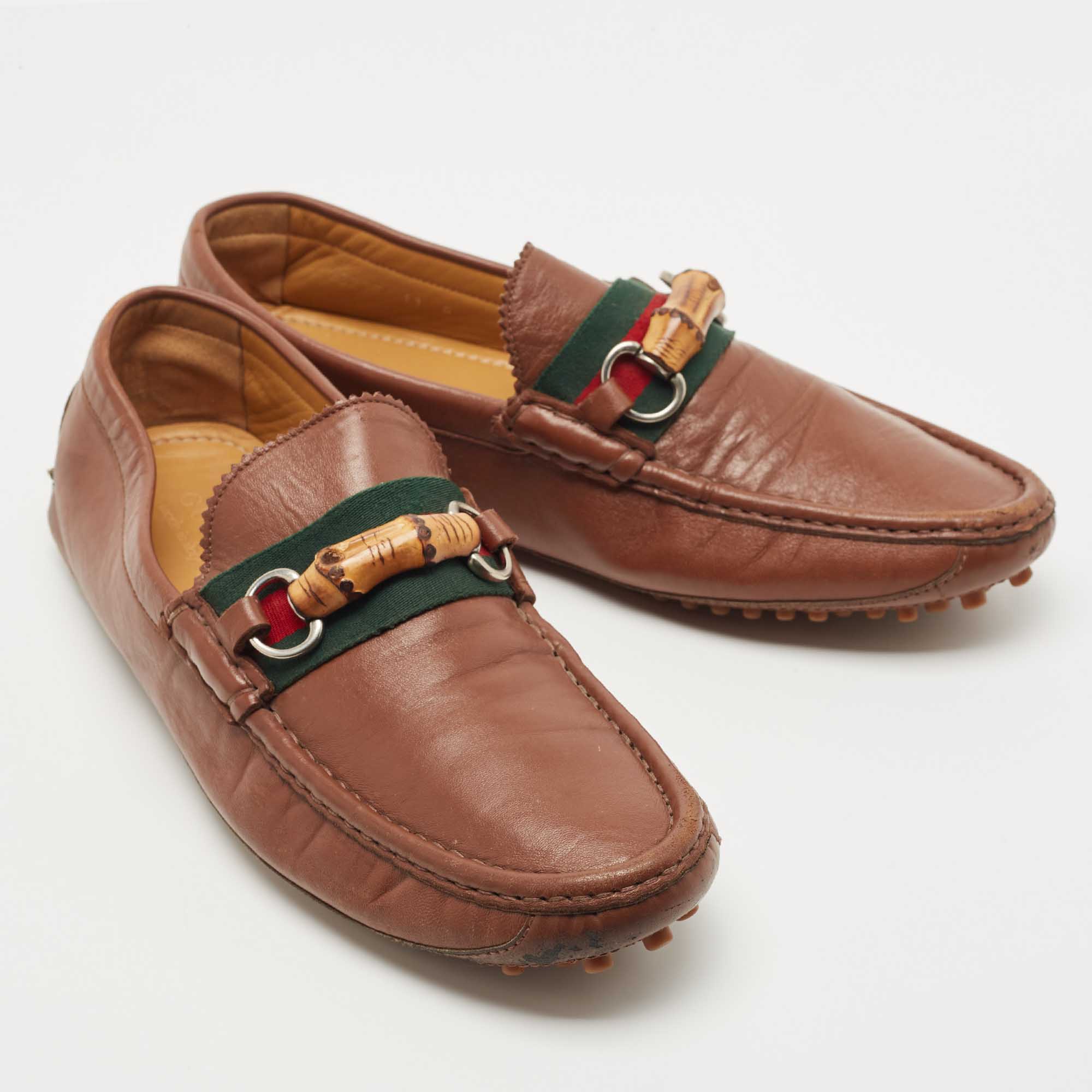 Gucci Brown Leather Bamboo Horsebit Web Loafers Size 45