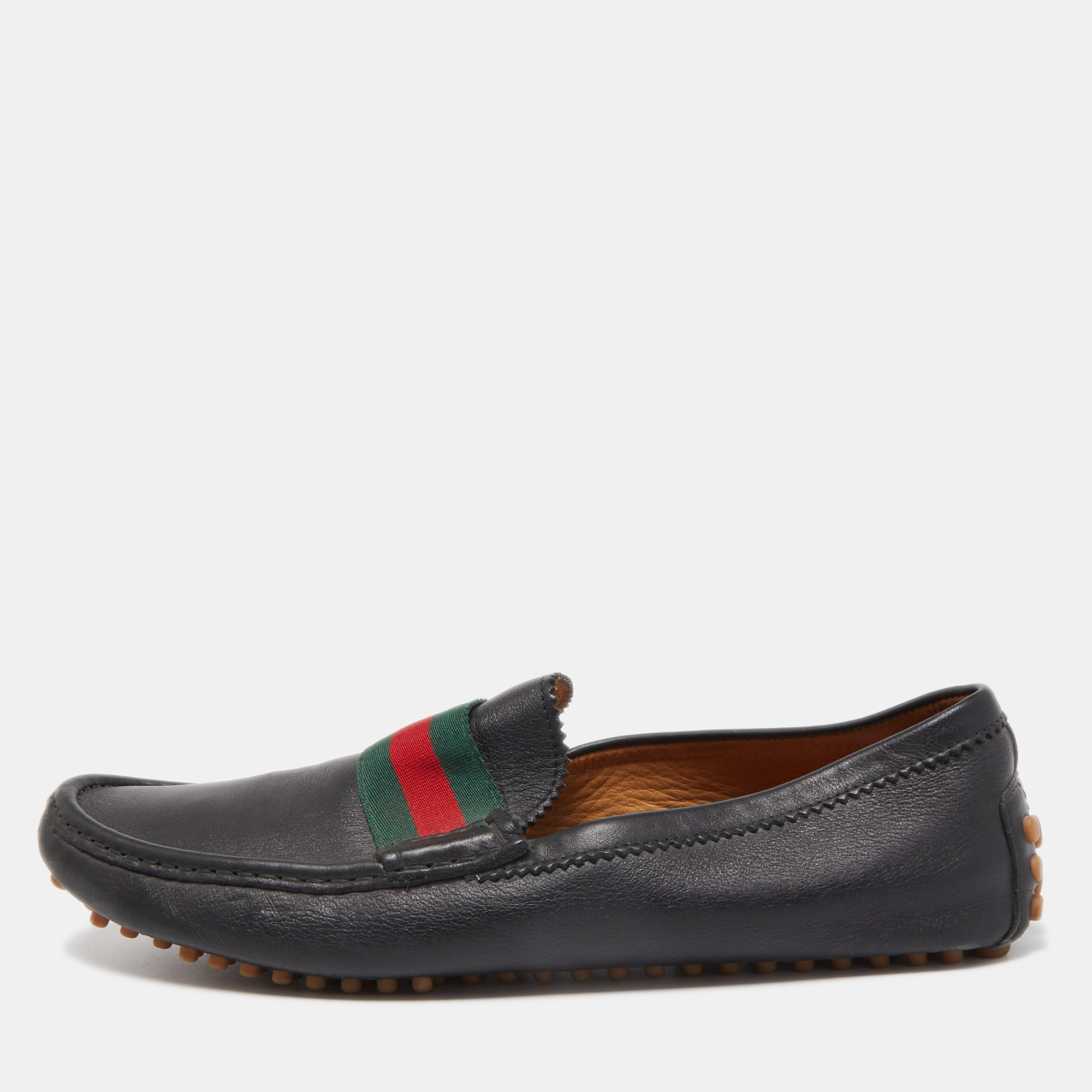 Gucci Black Leather Web Slip On Loafers Size 45