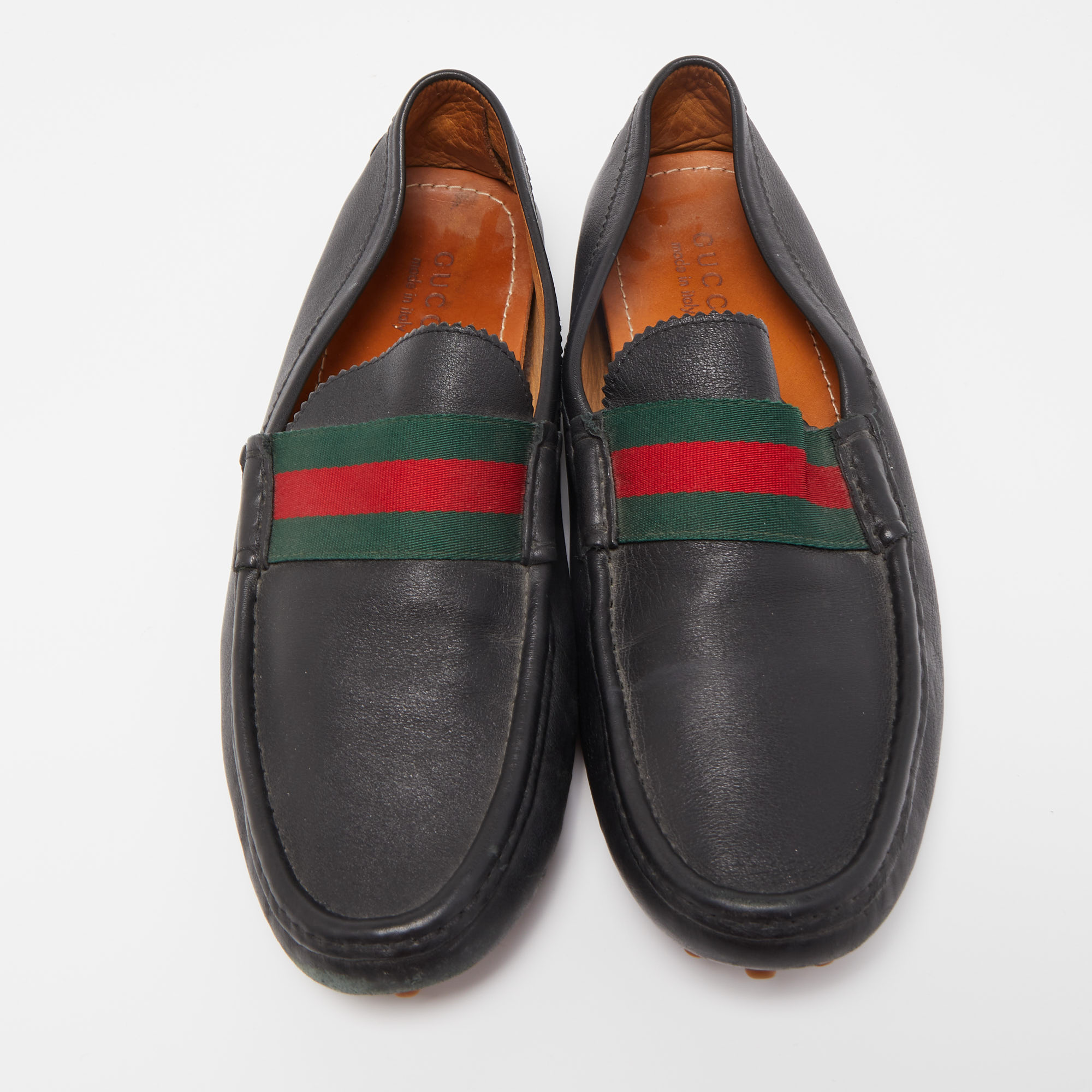 Gucci Black Leather Web Slip On Loafers Size 45