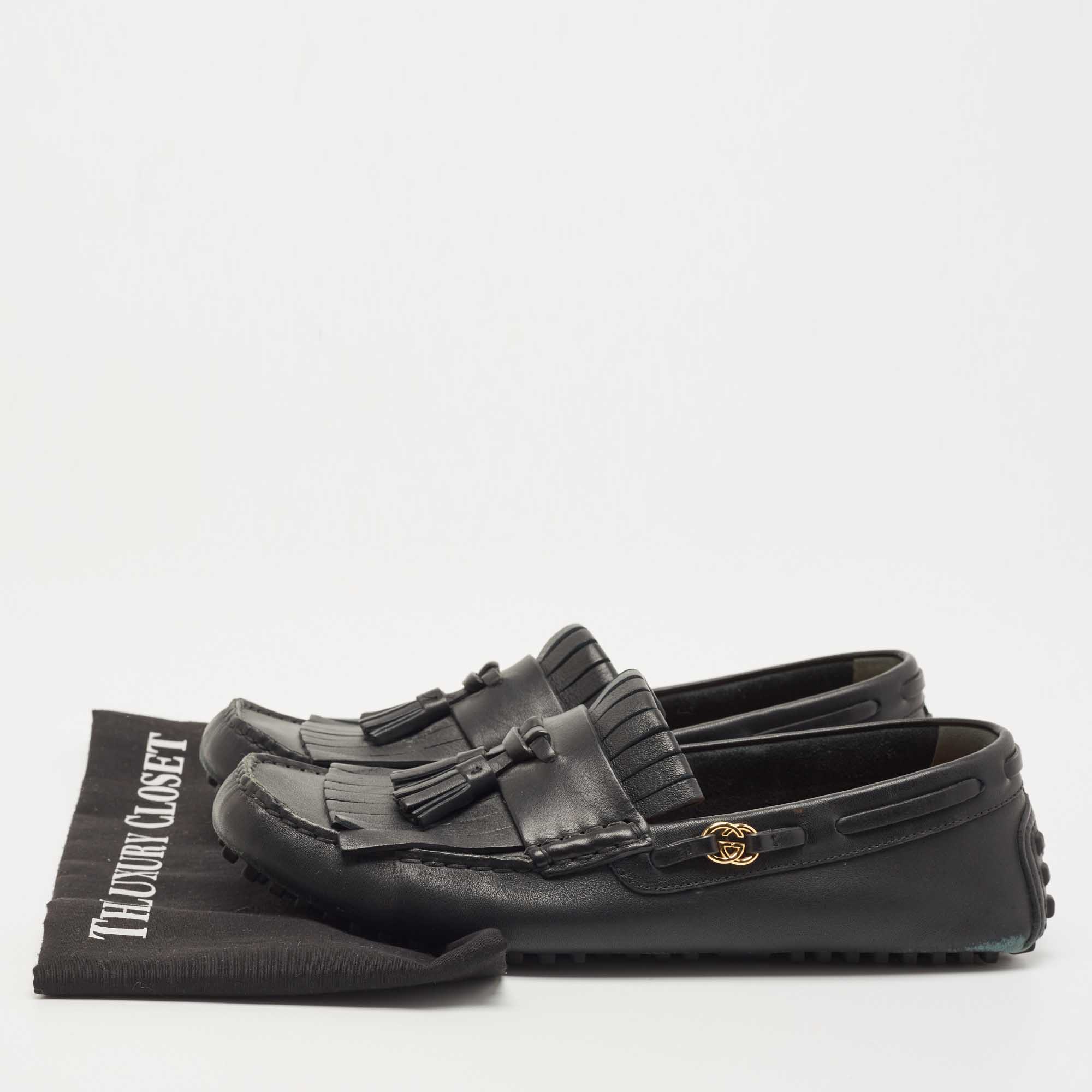 Gucci Black Leather Fringe Tassel Detail Slip On Loafers Size 42.5