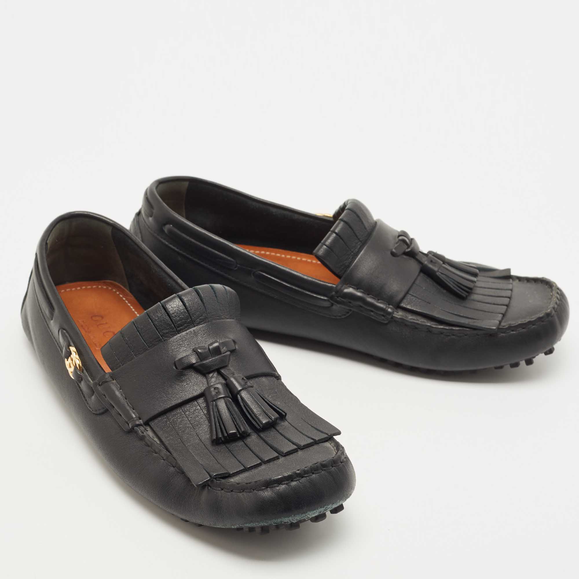 Gucci Black Leather Fringe Tassel Detail Slip On Loafers Size 42.5