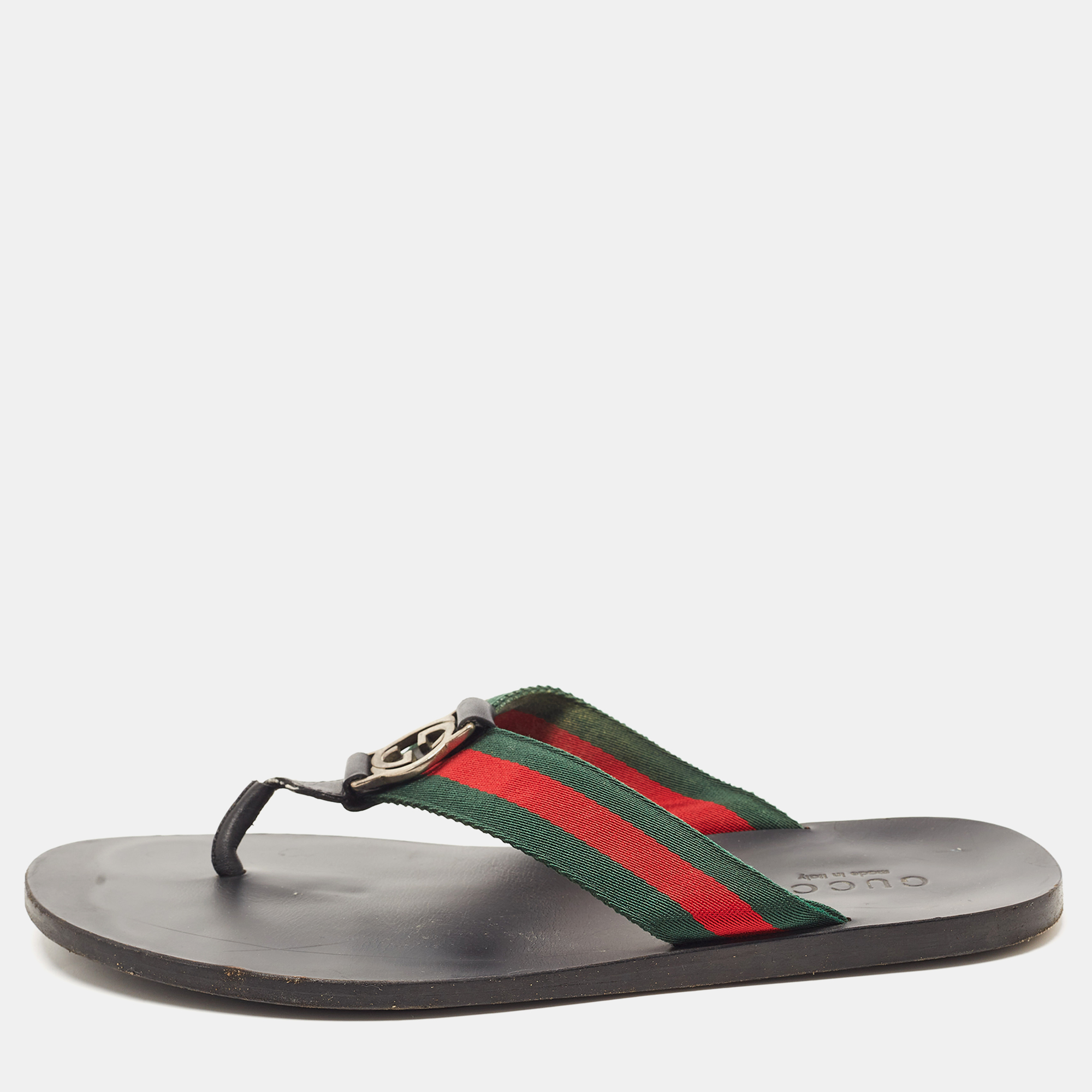 Gucci Tricolor Leather And Canvas Web Strap Interlocking G Thong Slides Size 41