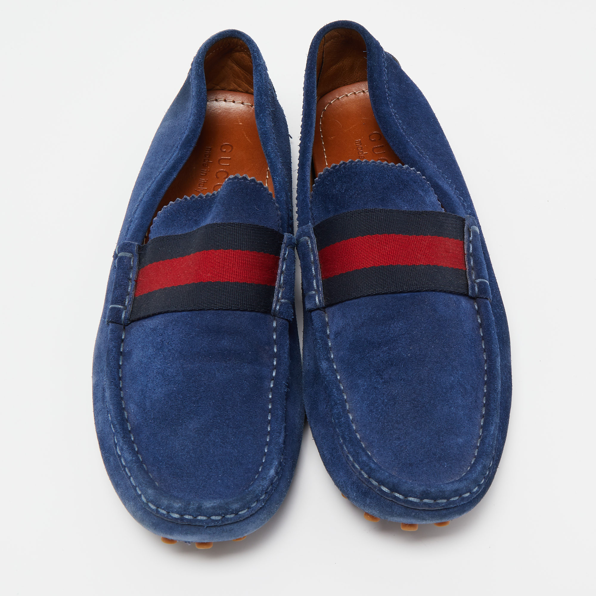Gucci Blue Suede Web Slip On Loafers Size 42