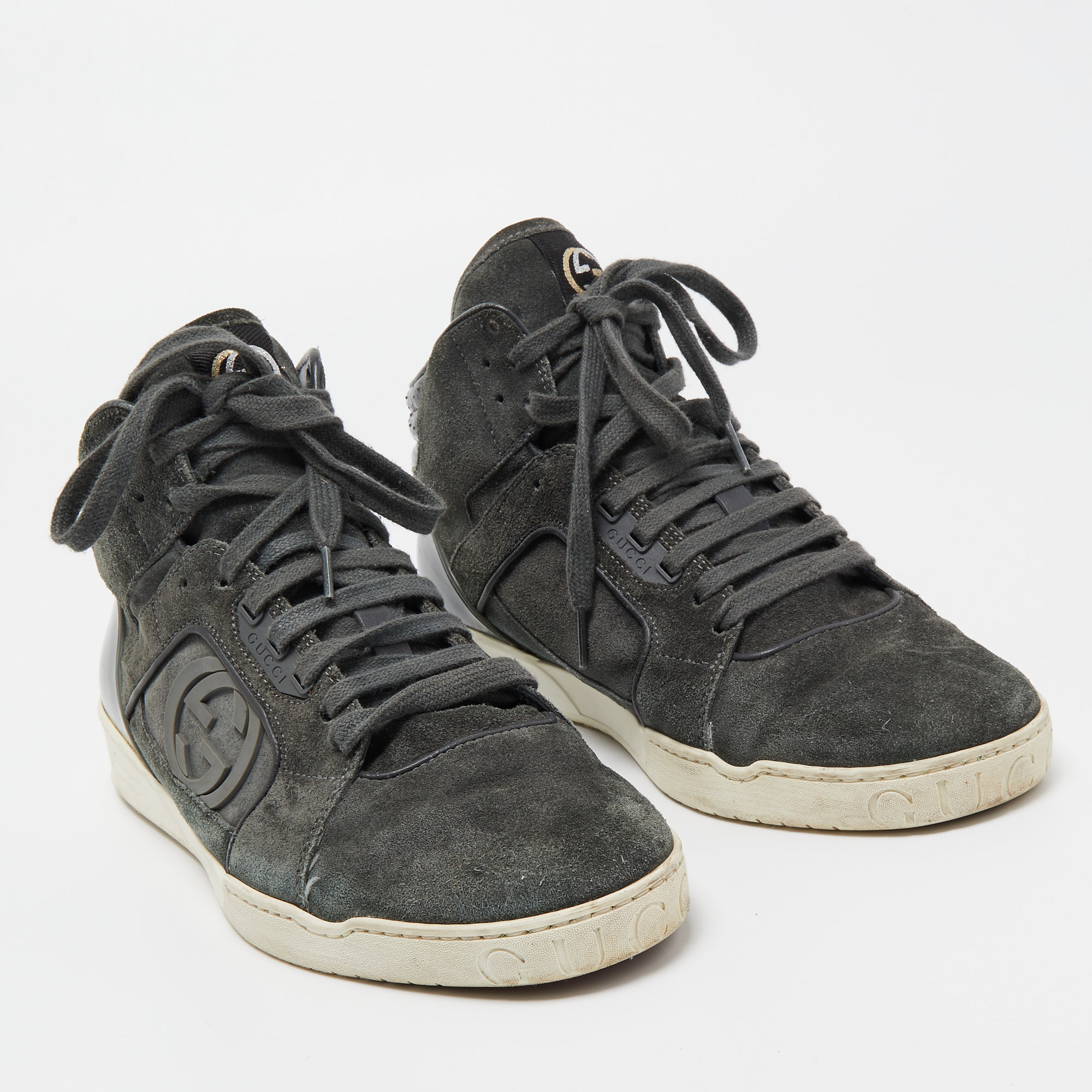 Gucci Grey Suede Interlocking G High Top Sneakers Size 41.5