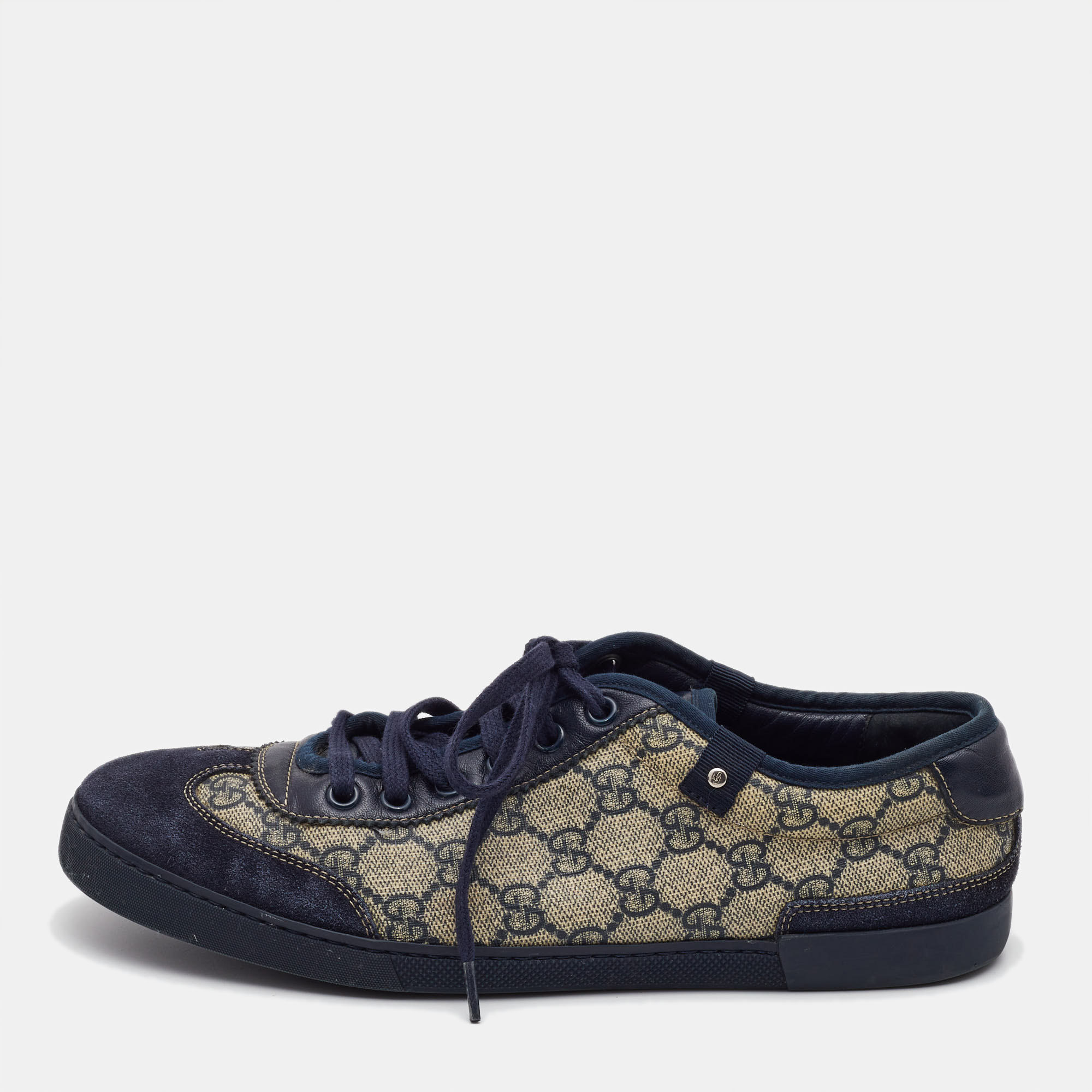 Gucci navy blue/grey gg canvas and suede low top sneakers  size 40.5