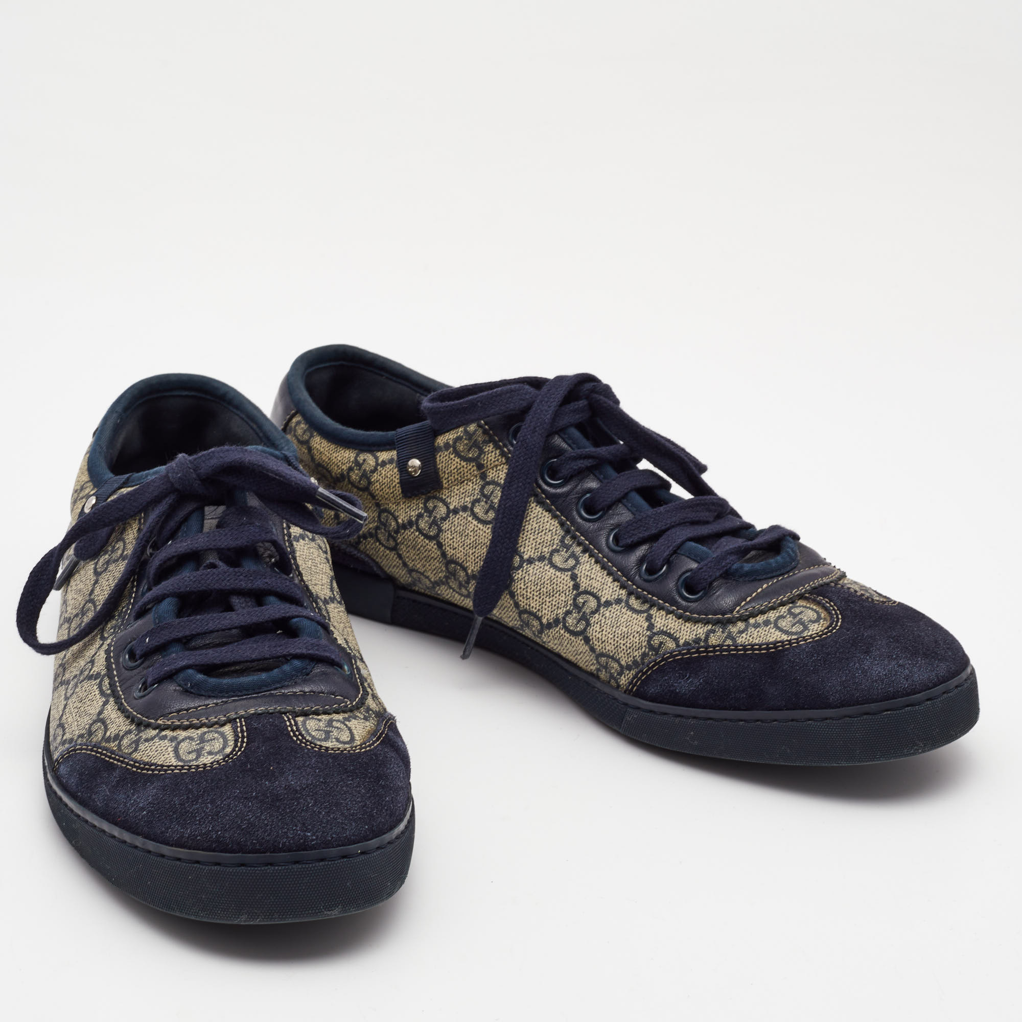 Gucci Navy Blue/Grey GG Canvas And Suede Low Top Sneakers  Size 40.5