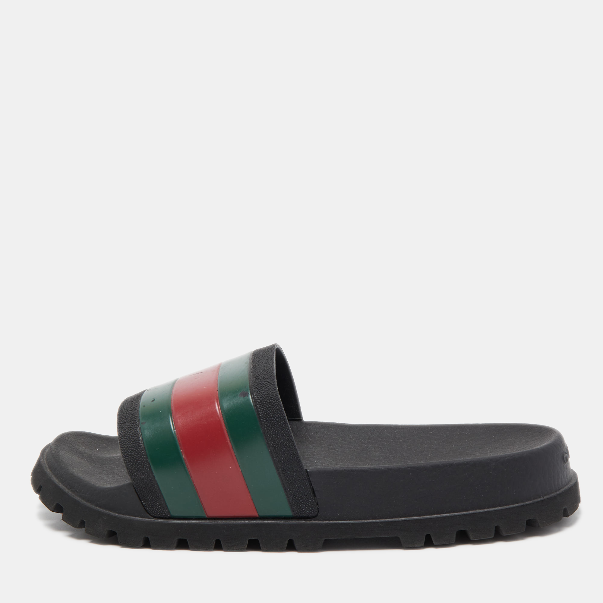 

Gucci Black Rubber Web Detail Slide Sandals Size