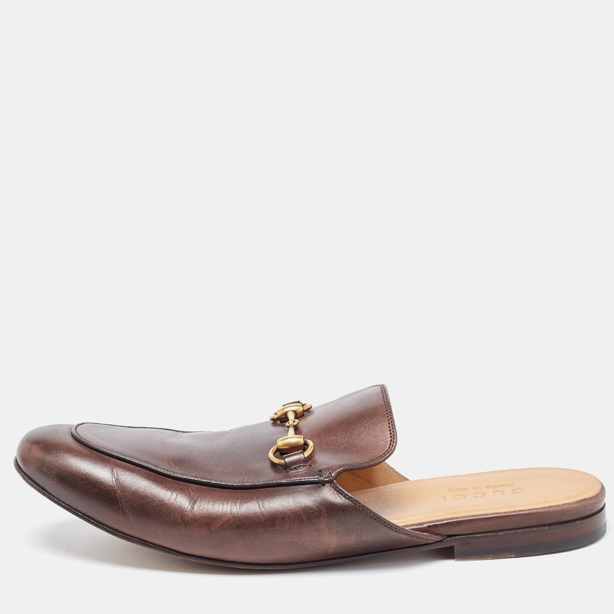 Gucci Brown Leather Horsebit Princetown Flat Mules Size 43