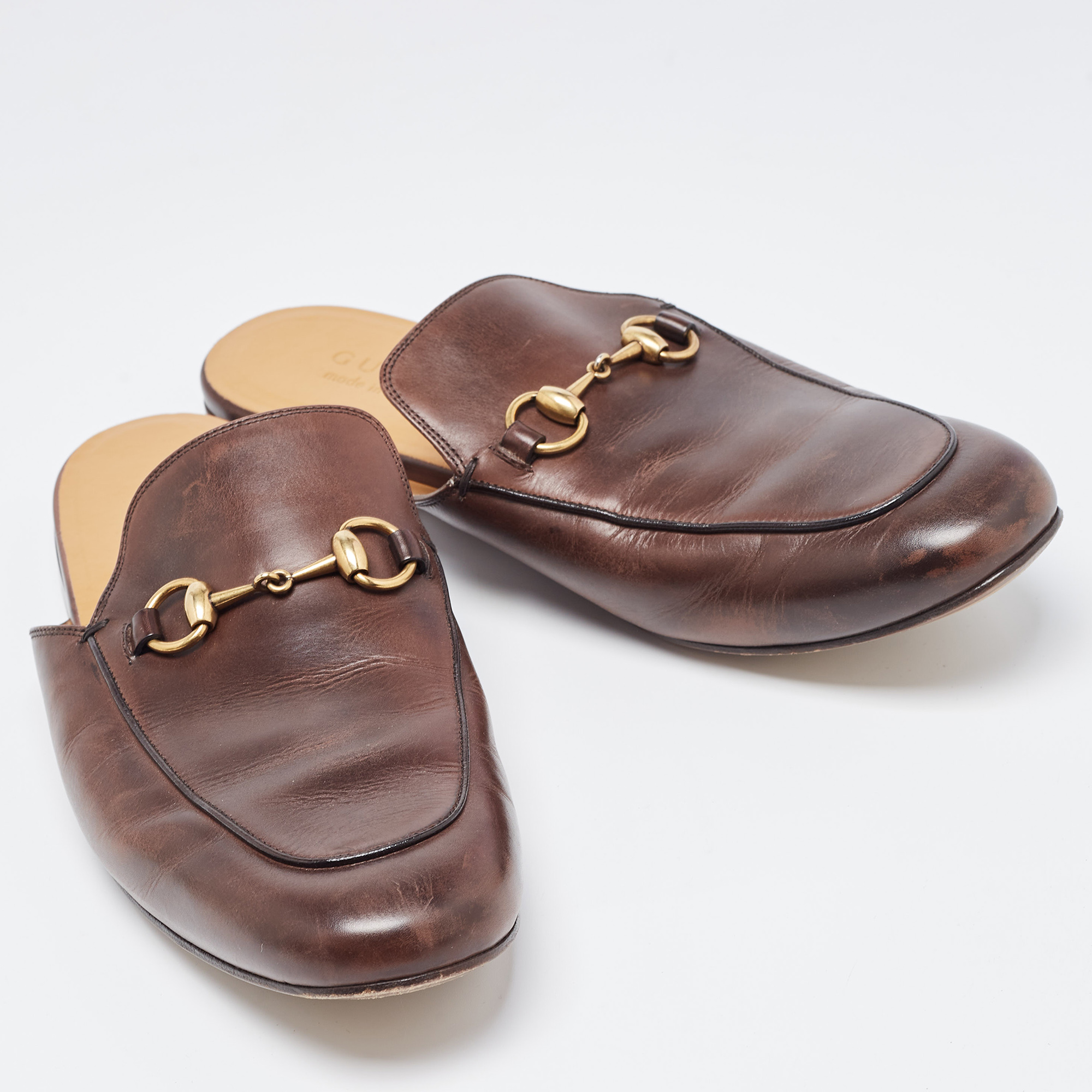 Gucci Brown Leather Horsebit Princetown Flat Mules Size 43