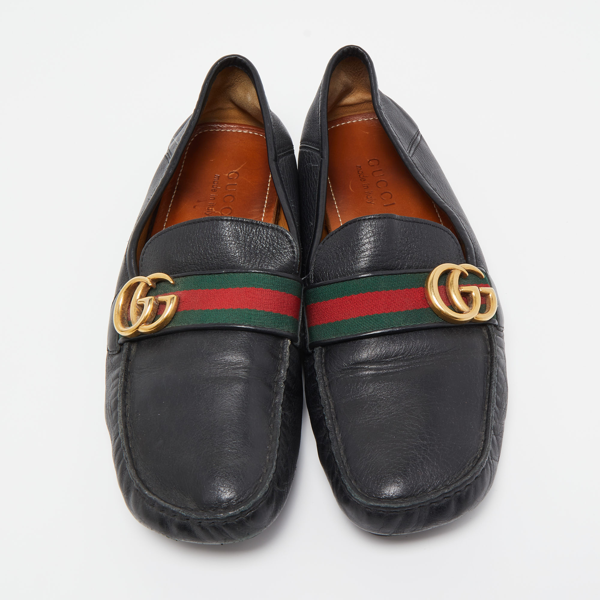 Gucci Black Leather GG Marmont Web Driver Slip On Loafers Size 42