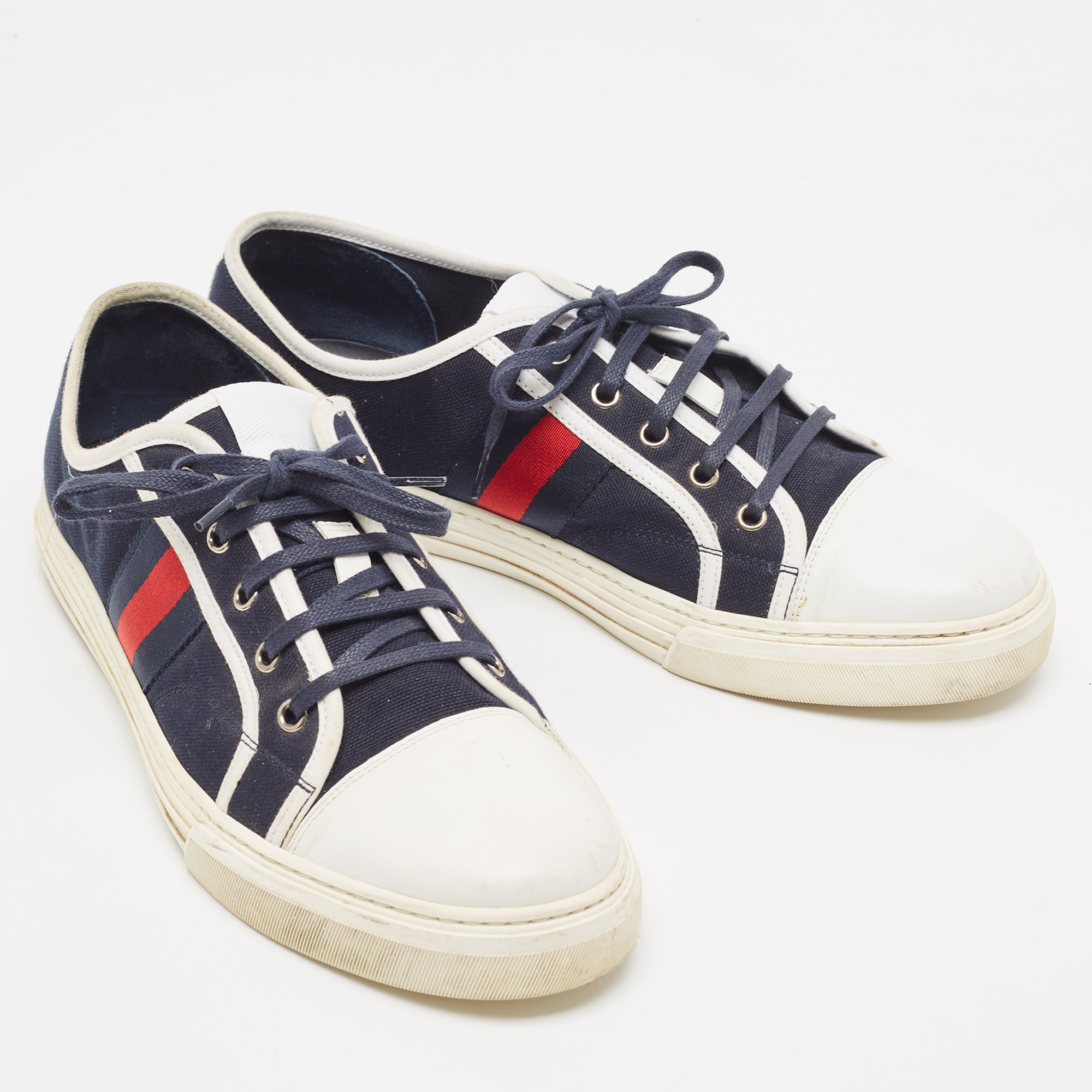 Gucci Navy Blue Canvas And  Leather Web Detail Lace Up Sneakers Size 44.5