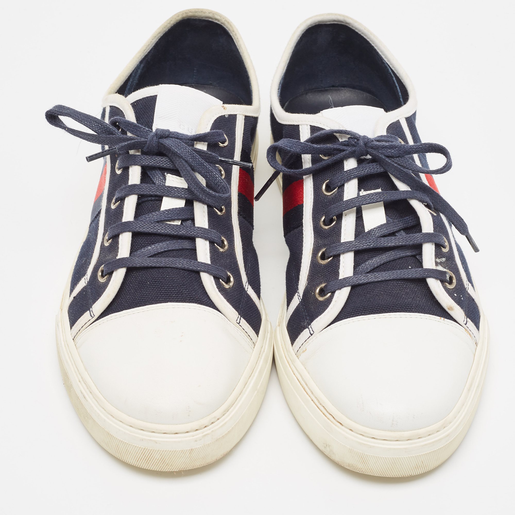 Gucci Navy Blue Canvas And  Leather Web Detail Lace Up Sneakers Size 44.5