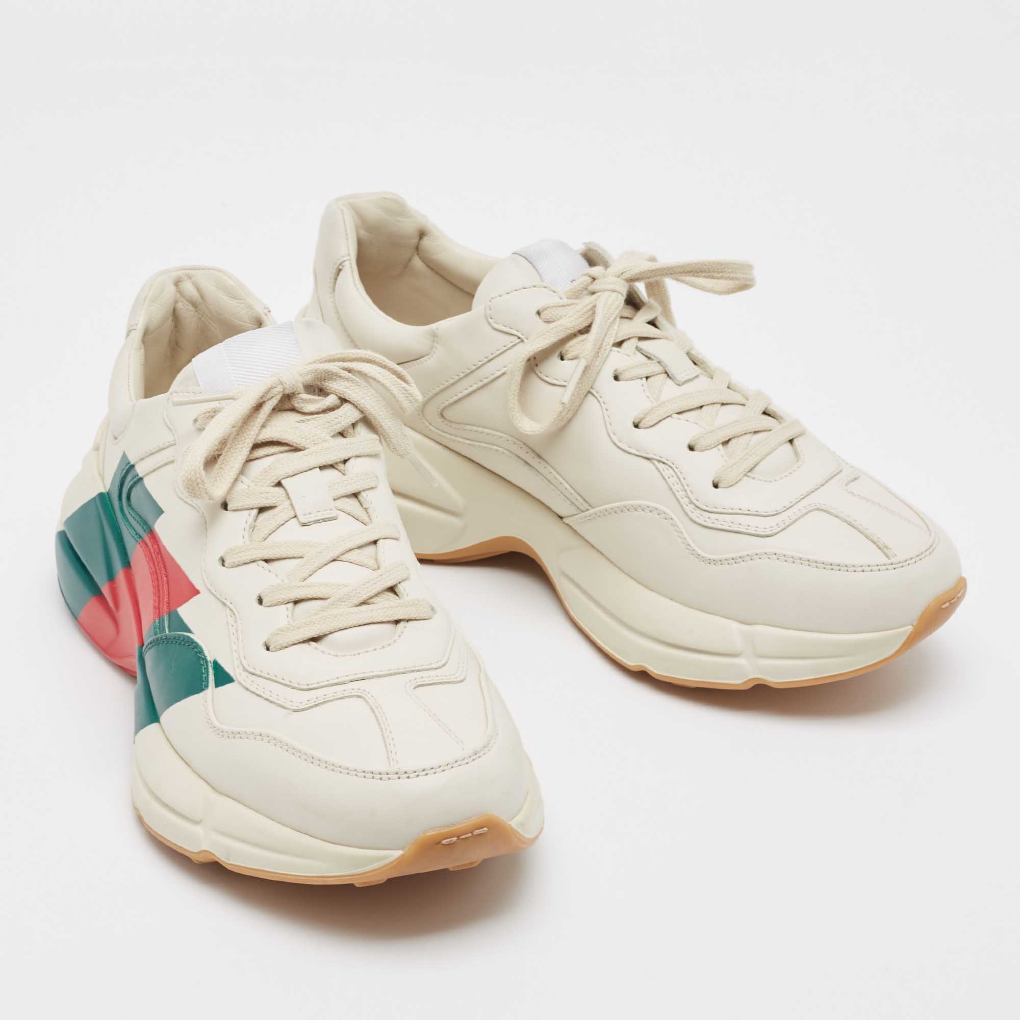 Gucci Cream Leather Web Print Rhyton Sneakers Size 41