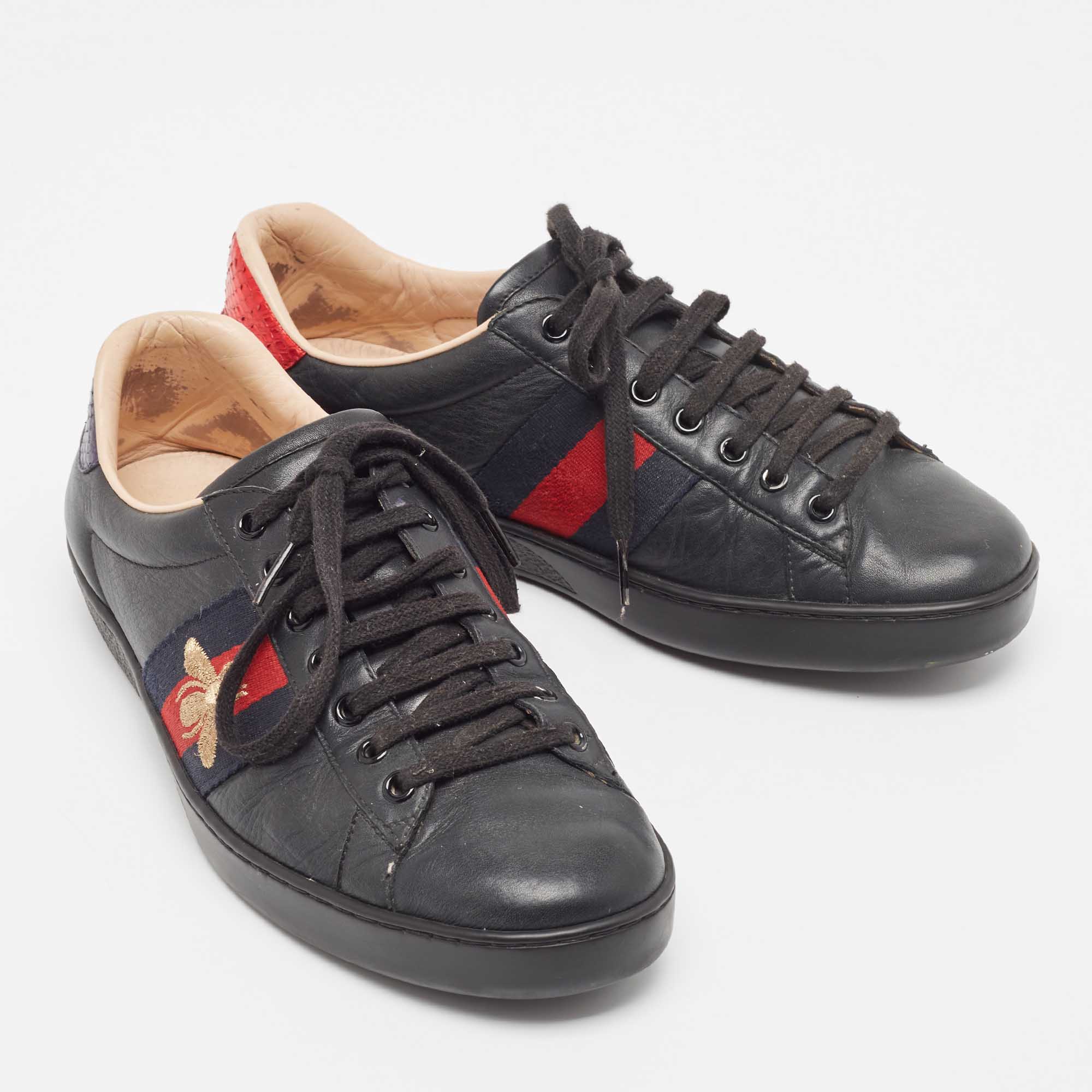 Gucci Black Leather Embroidered Bee Ace Sneakers Size 41.5