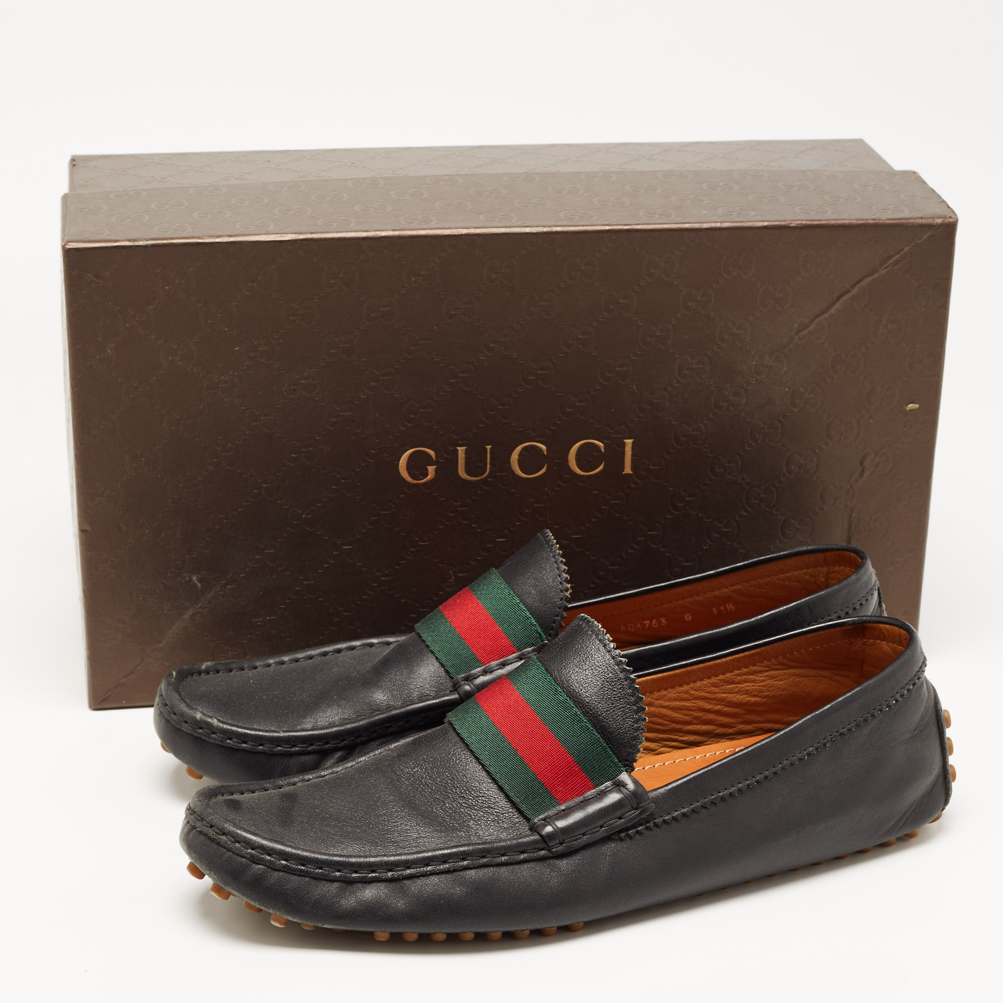 Gucci Navy Blue Leather Web Trim Loafers Size 45.5
