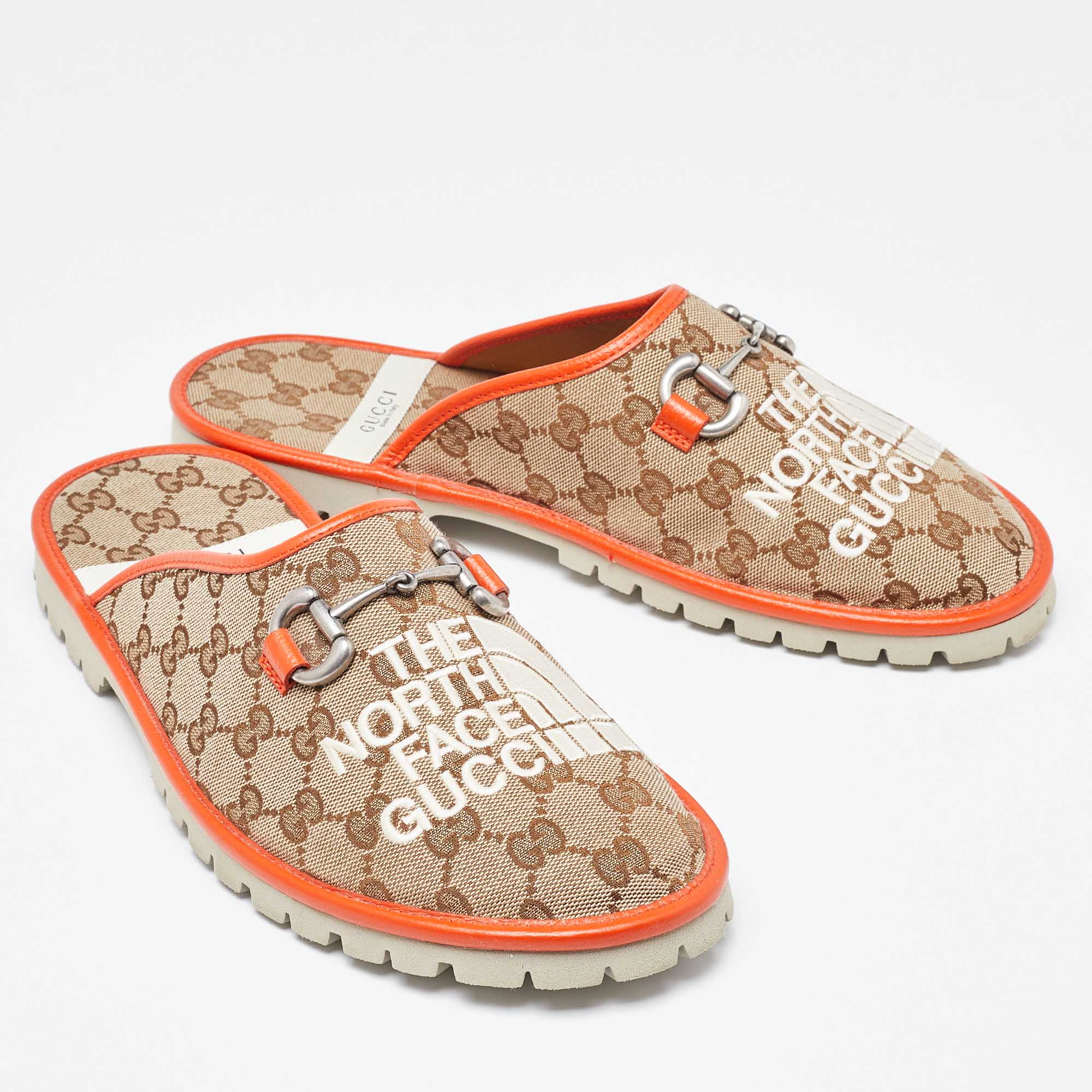 Gucci X The North Face Beige/Orange GG Canvas And Leather Slide Flats Size 43