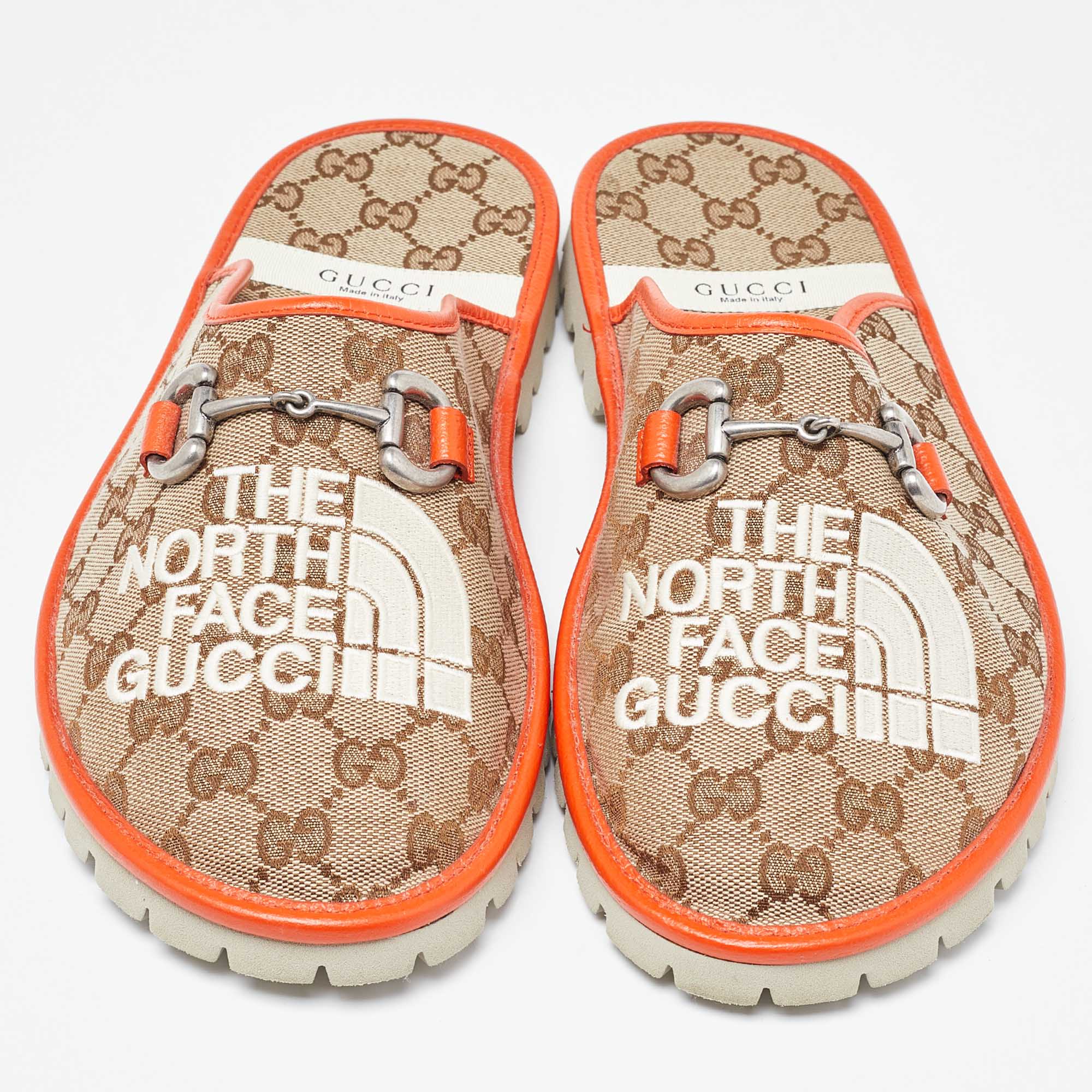 Gucci X The North Face Beige/Orange GG Canvas And Leather Slide Flats Size 43
