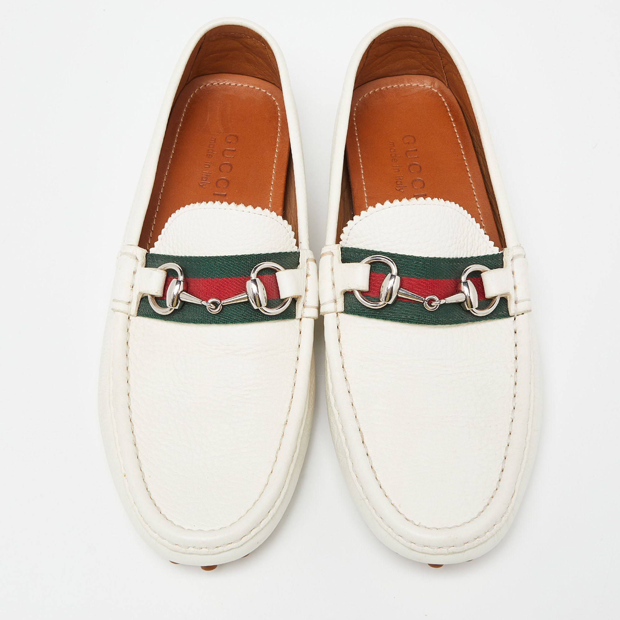 Gucci Off White Leather Web Horsebit Loafers Size 41