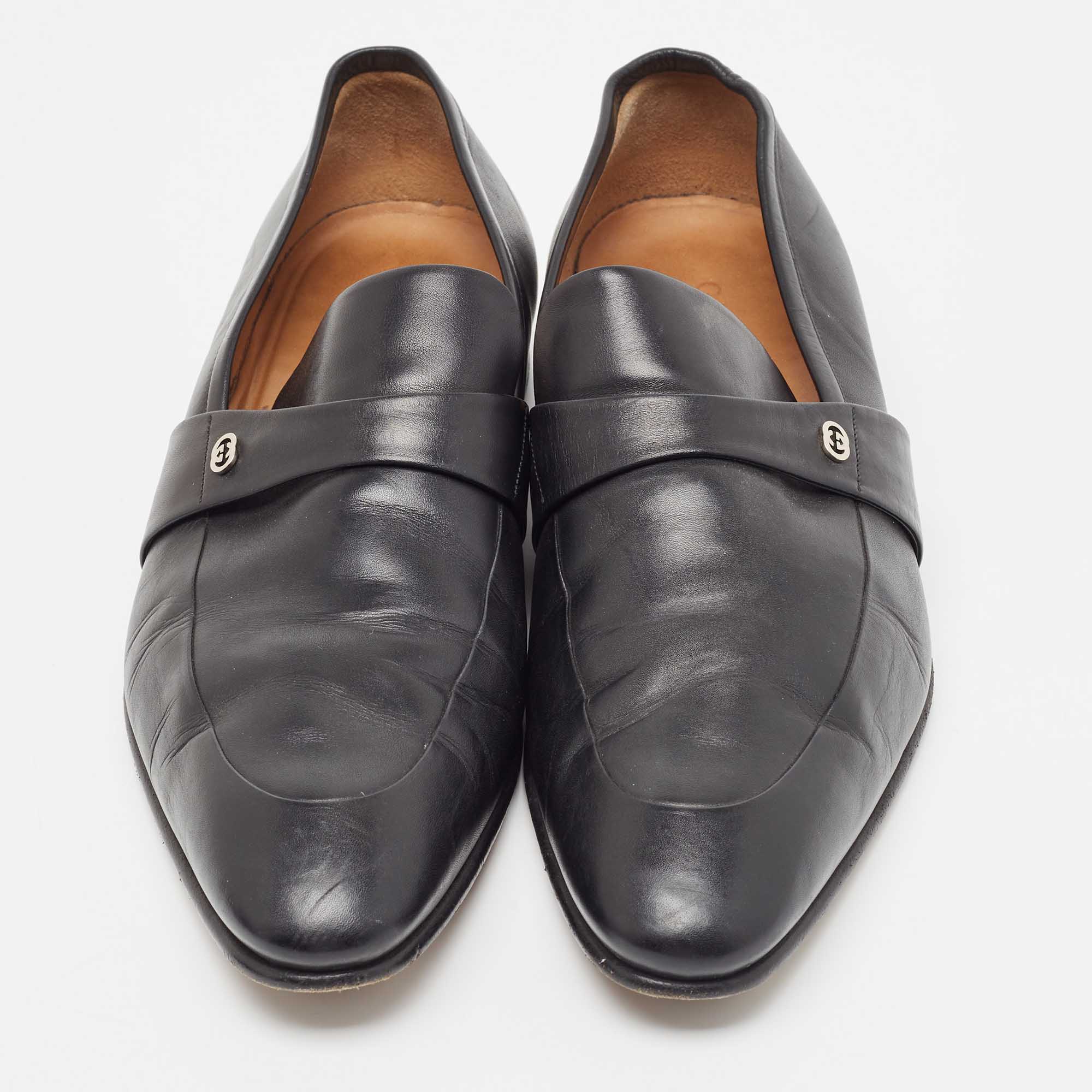 Gucci Black Leather Slip On Loafers Size 44