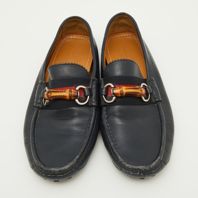Gucci Navy Blue Leather Web Bamboo Horsebit Loafers Size 41