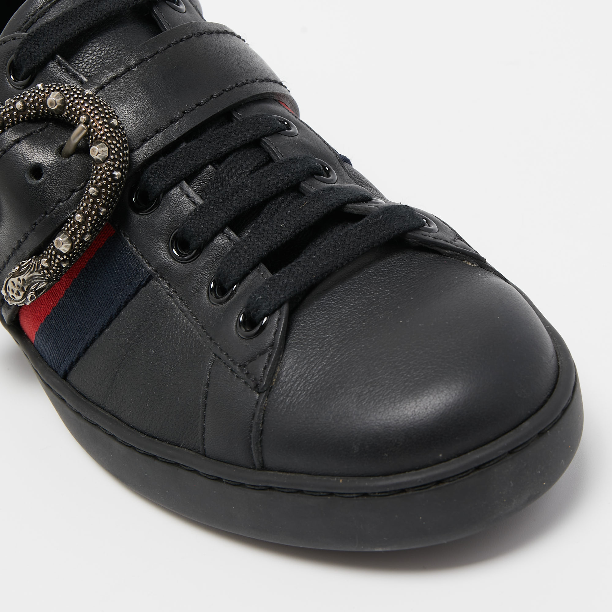 Gucci Black Leather And Python Trim Ace Dionysus Buckle Lace Up Sneakers Size 40.5