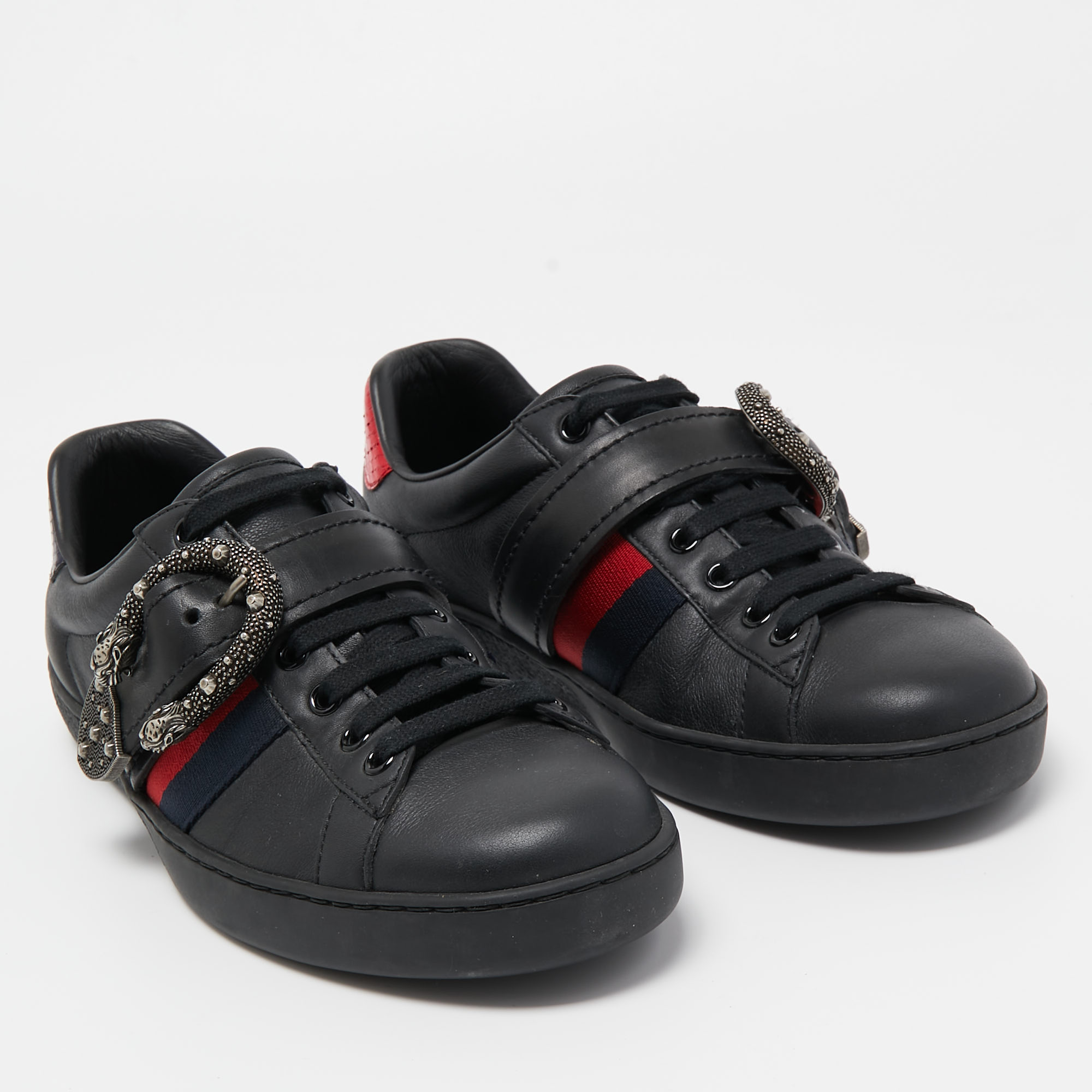 Gucci Black Leather And Python Trim Ace Dionysus Buckle Lace Up Sneakers Size 40.5