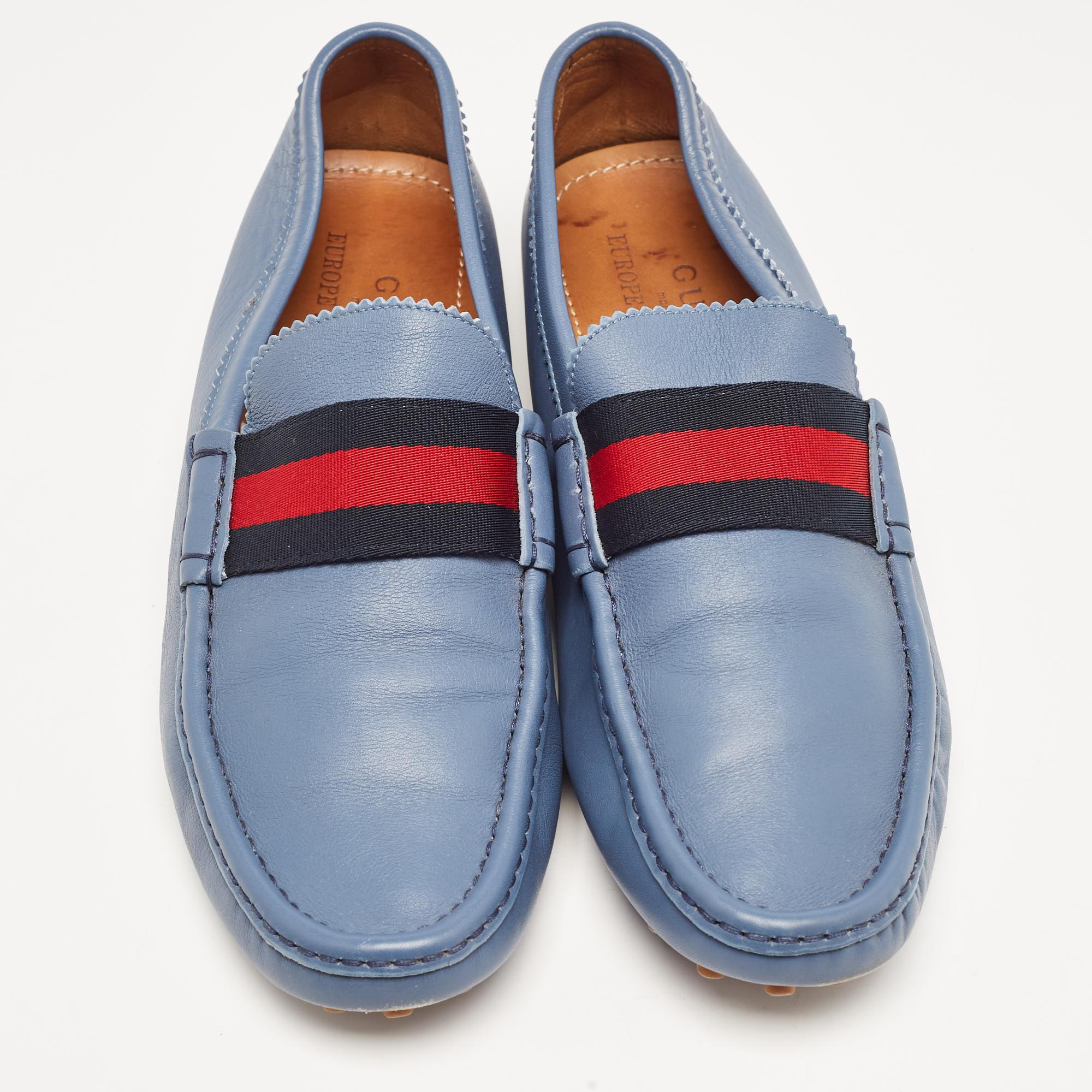 Gucci Blue Leather Web Slip On Loafers Size 43.5
