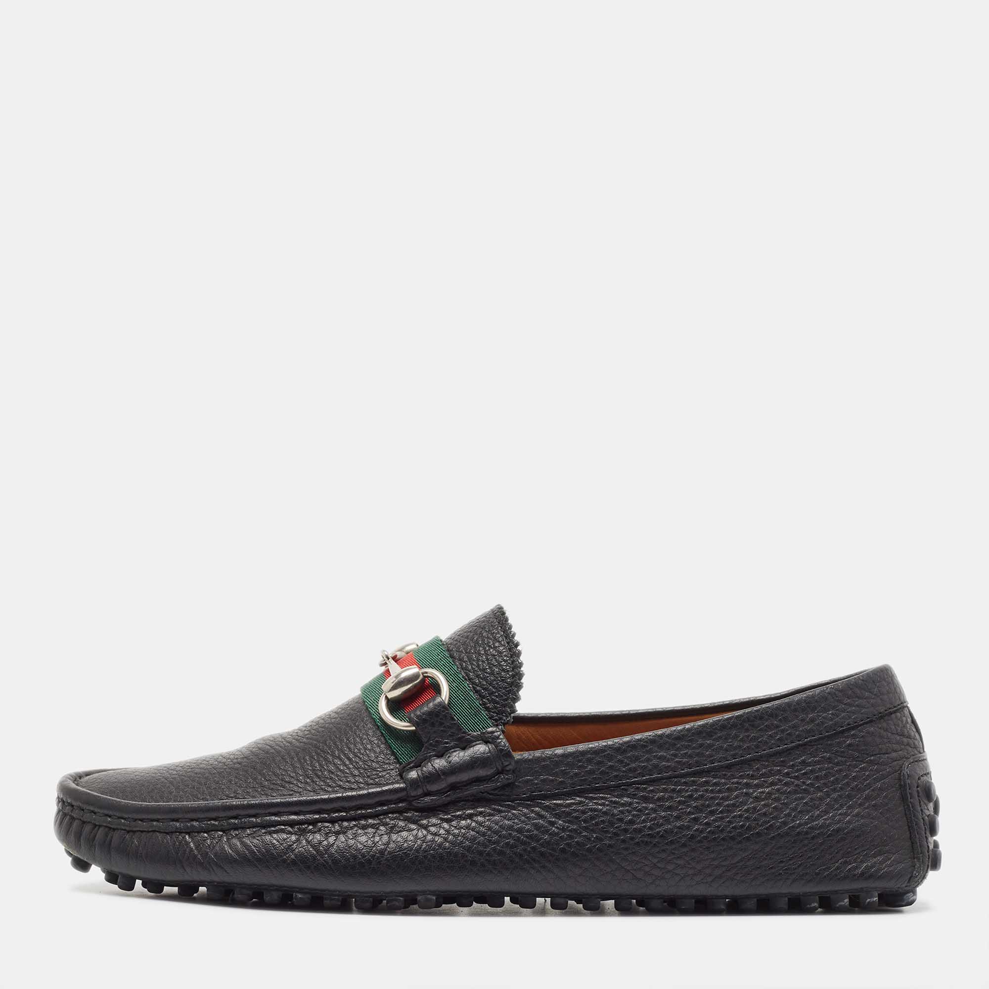 Gucci Black Leather Web Horsebit Loafers Size 41.5