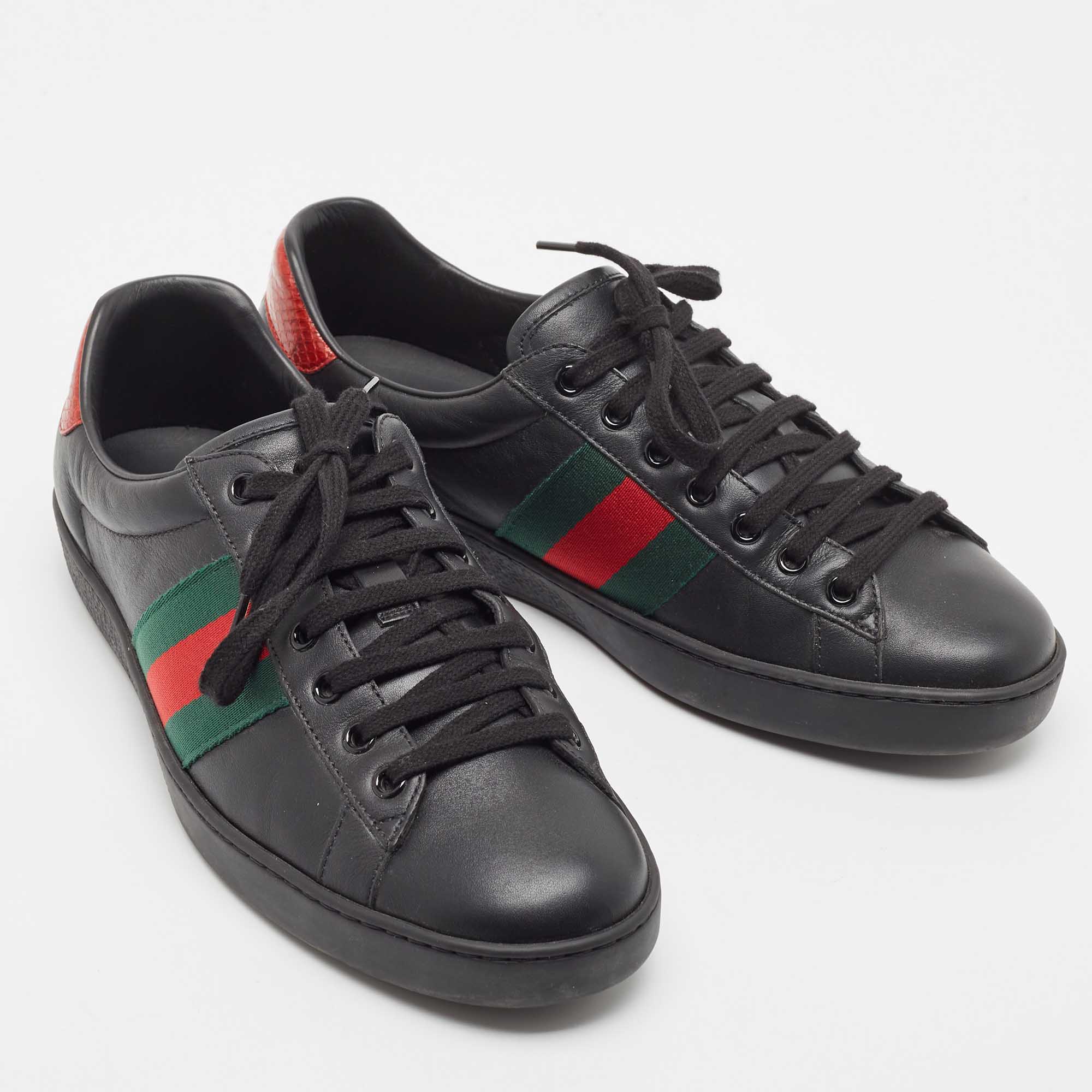 Gucci Black Leather Ace Web Low Top Sneakers Size 41.5