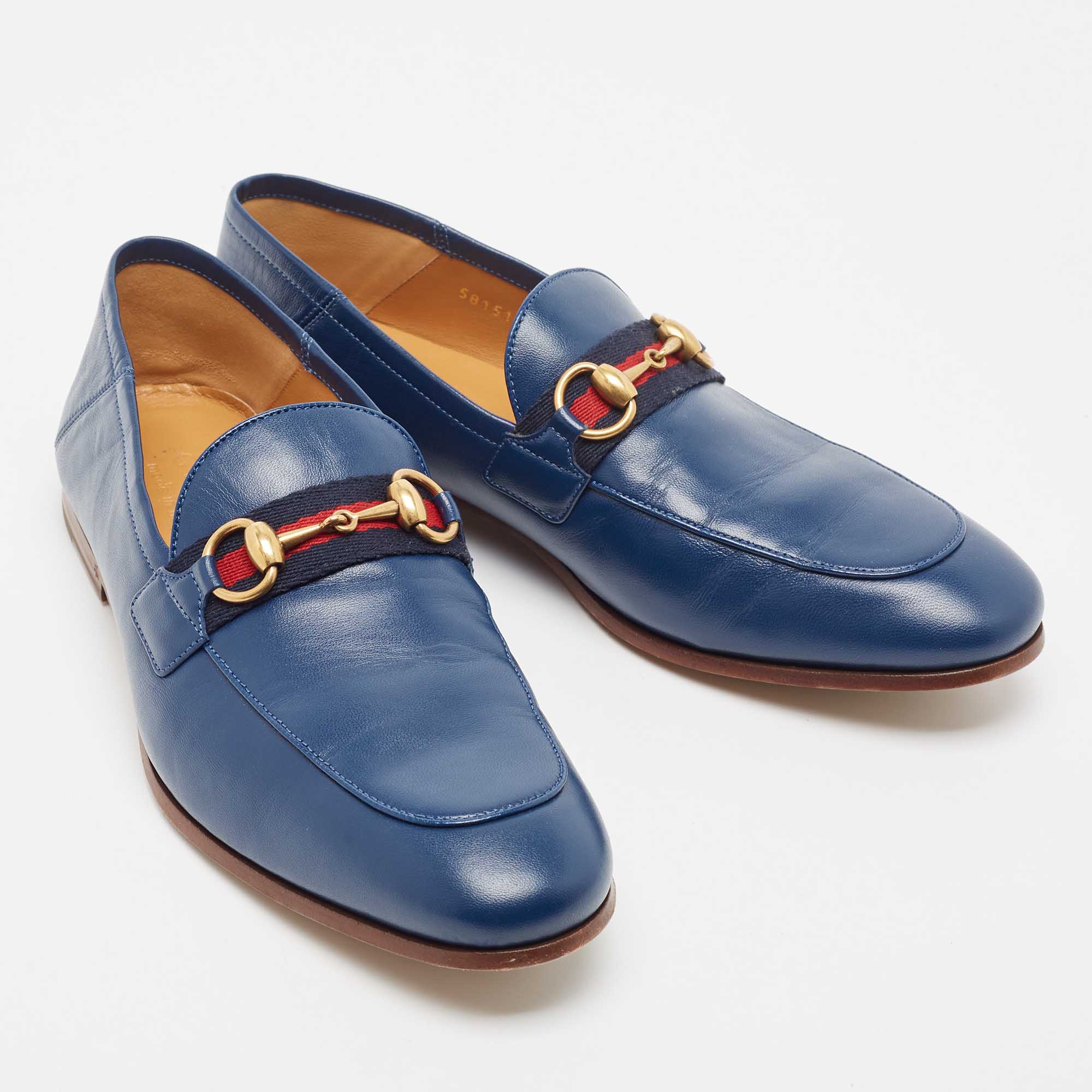 Gucci Blue Leather Web Horsebit Loafers Size 40