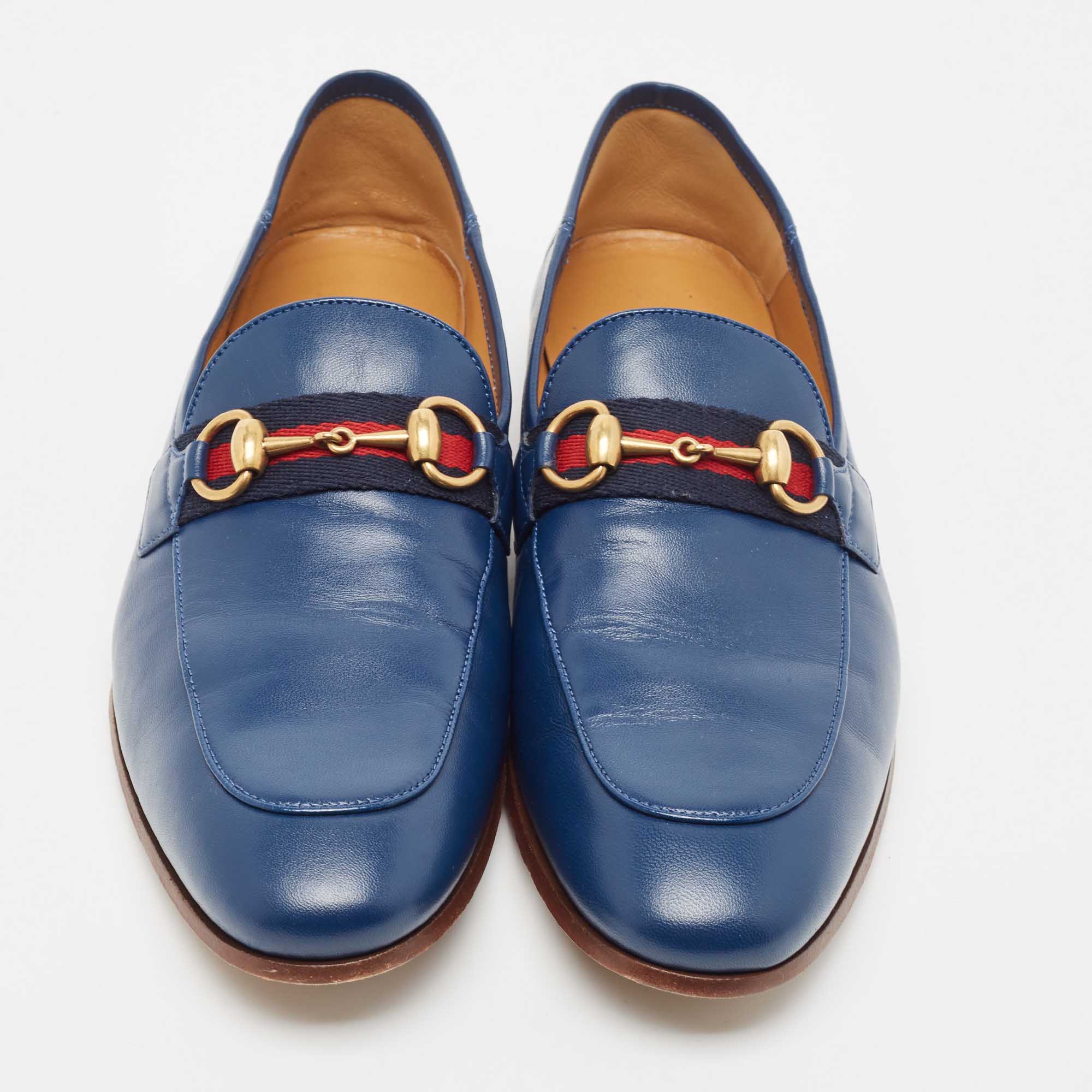 Gucci Blue Leather Web Horsebit Loafers Size 40
